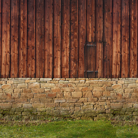 Photo wallpaper with wooden facade and natural stone wall
