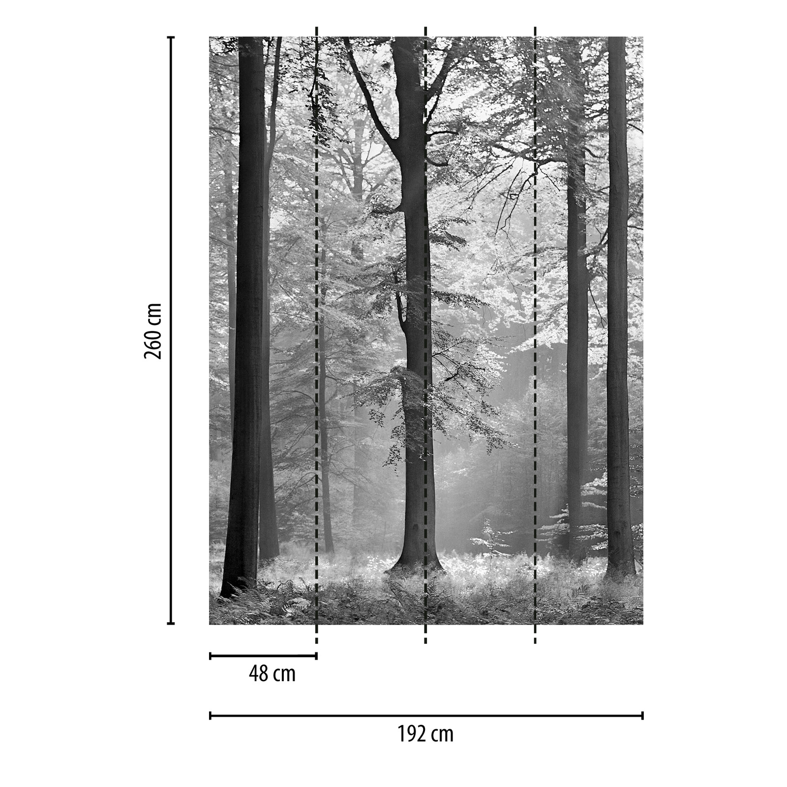             Papel pintado fotográfico en blanco y negro bosque de hojas, formato vertical
        
