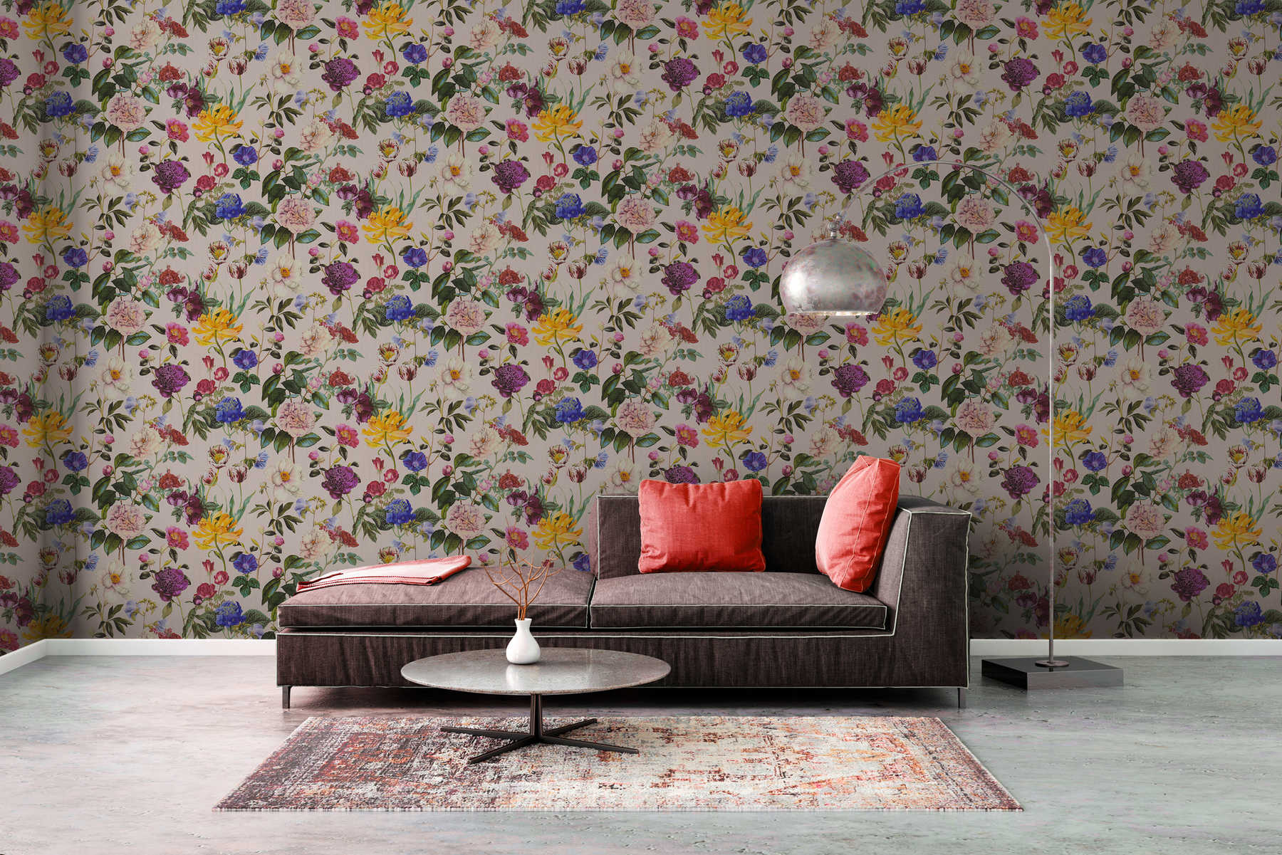             Floral wallpaper with flowers in bright colours - colourful, green, pink
        
