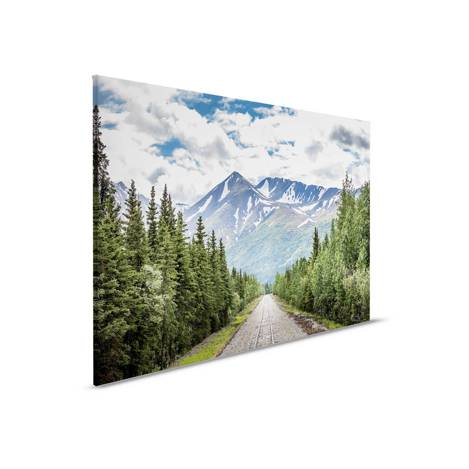         Canvas painting with train tracks through a forest by the mountains - 0.90 m x 0.60 m
    