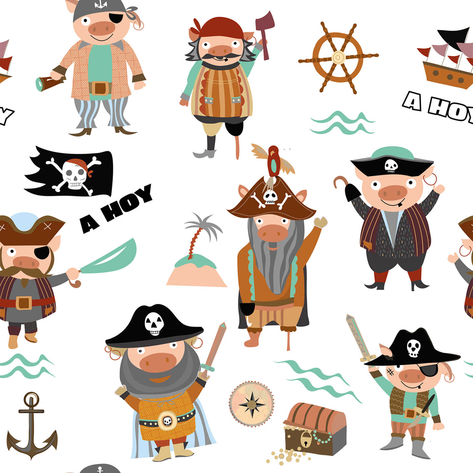 Papel pintado infantil con varios piratas y símbolos - colorido, crema, marrón
