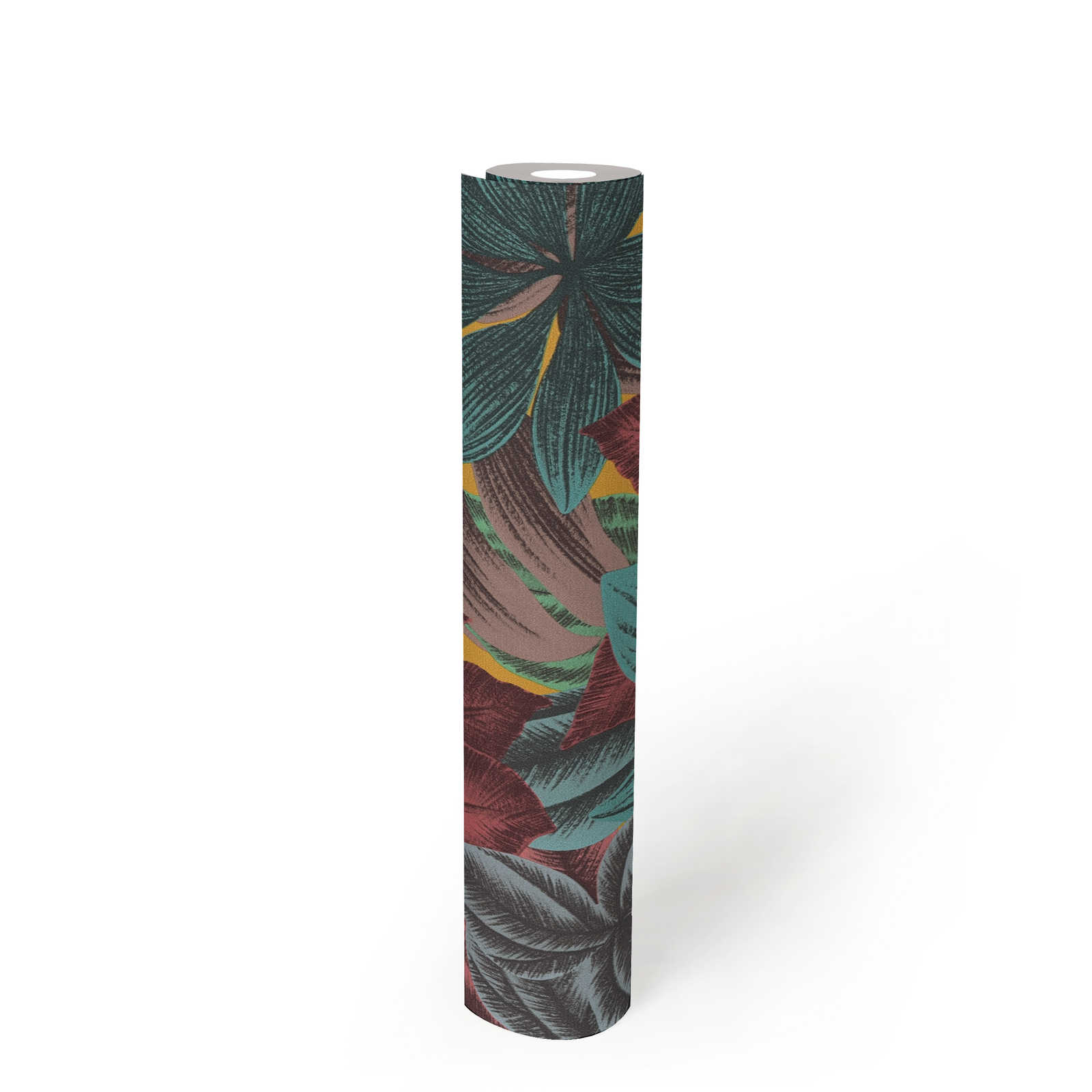             Papier peint intissé avec motif de feuilles dans des couleurs vives - multicolore, bleu, rose
        