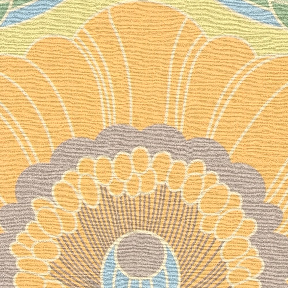             papier peint rétro légèrement structuré avec motif floral - bleu, jaune, vert
        
