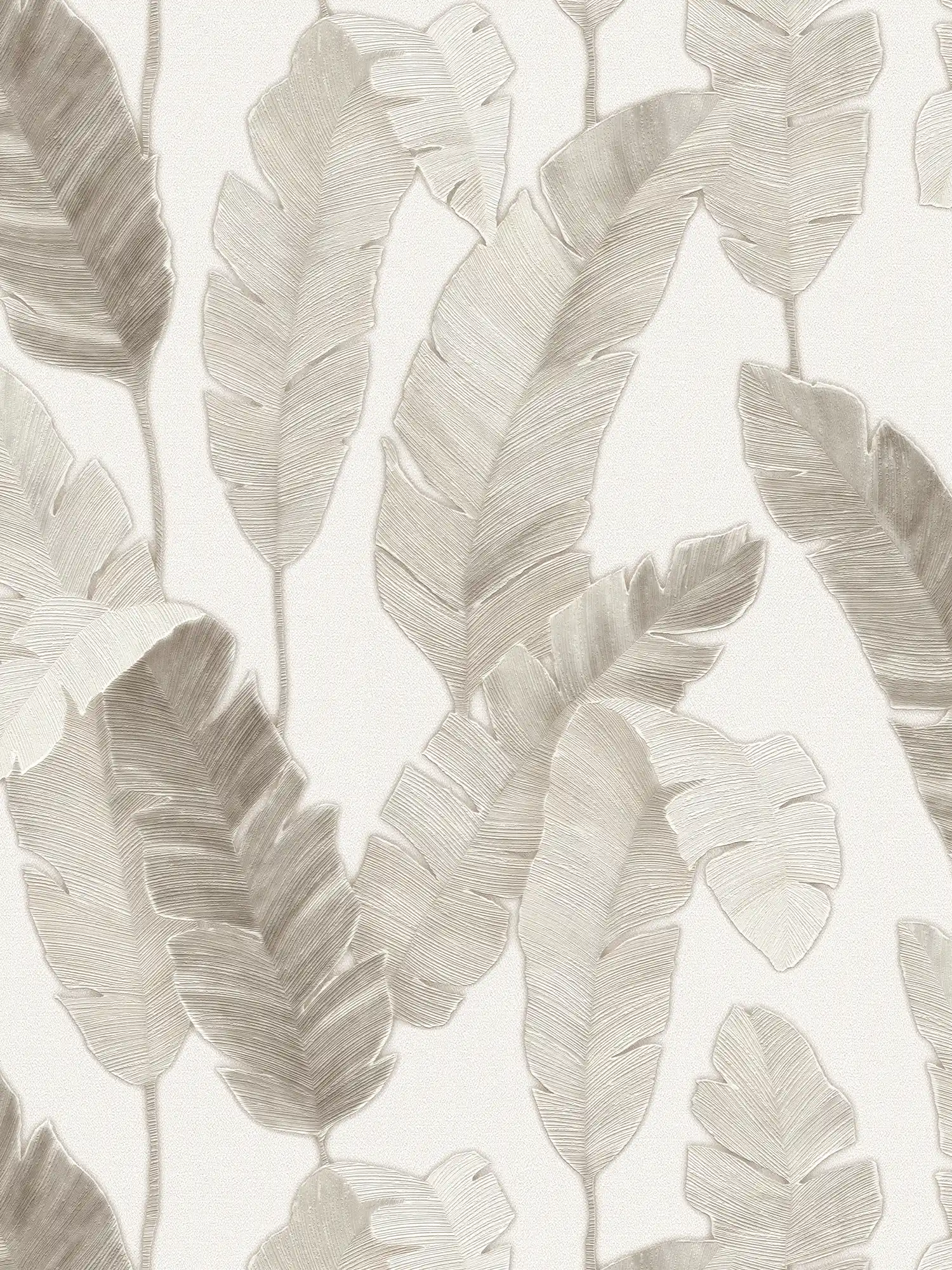 Papel pintado no tejido con sutiles hojas de palmera - blanco, beige, gris
