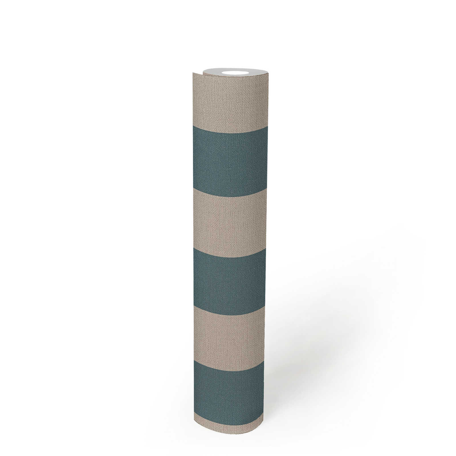             Papel pintado a rayas con aspecto de lino sin PVC - azul, marrón
        