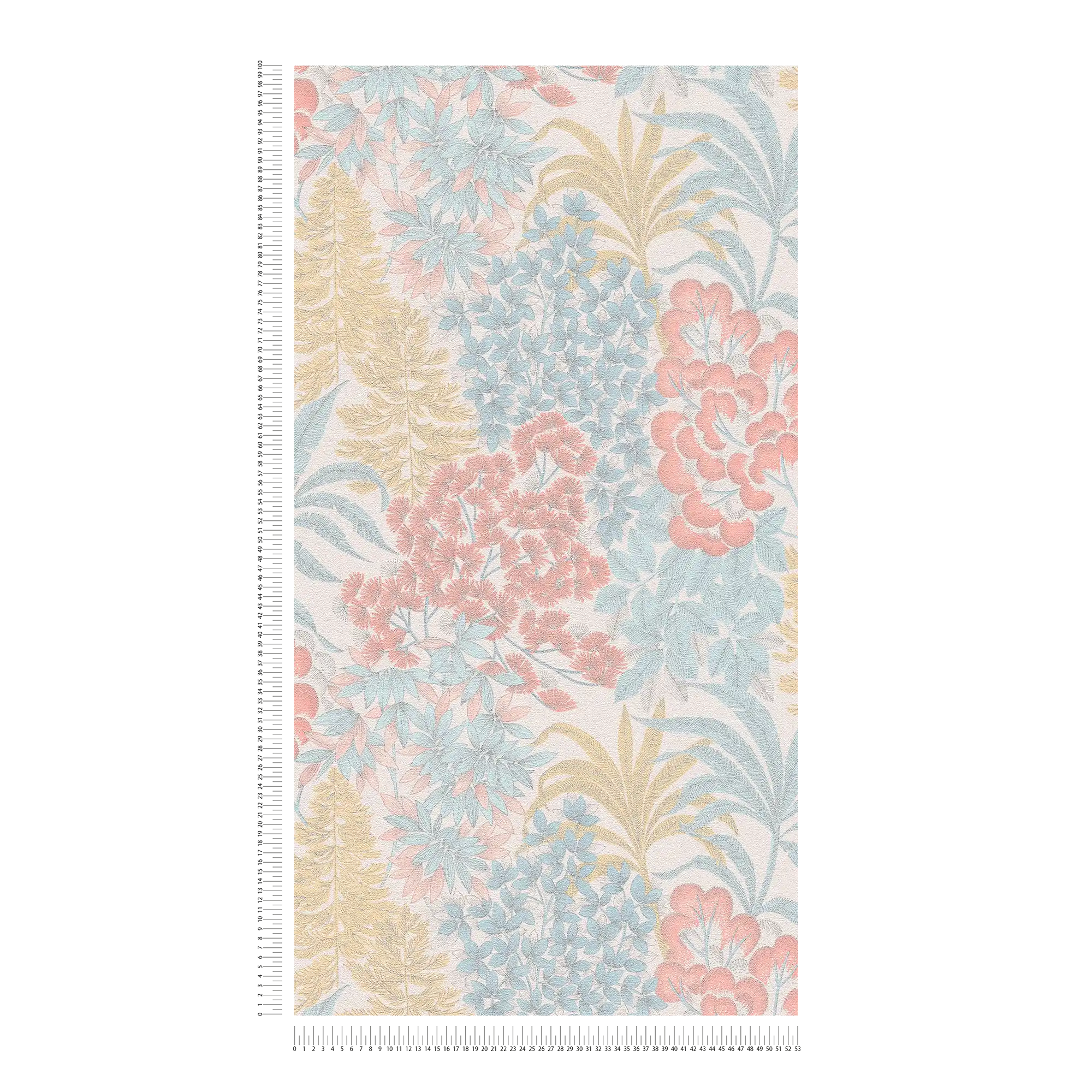             Light glossy floral wallpaper in light colour - white, blue, yellow
        