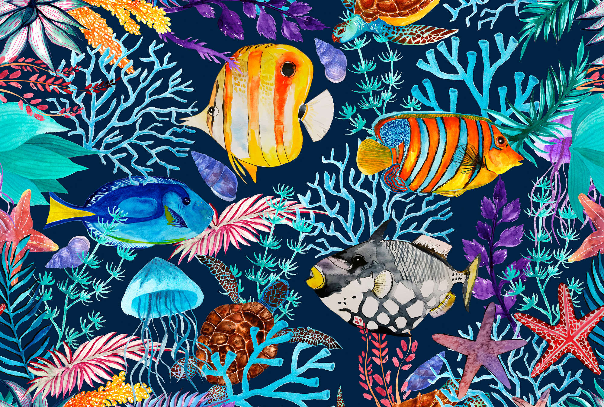             Papel pintado subacuático con peces y estrellas de mar de colores
        