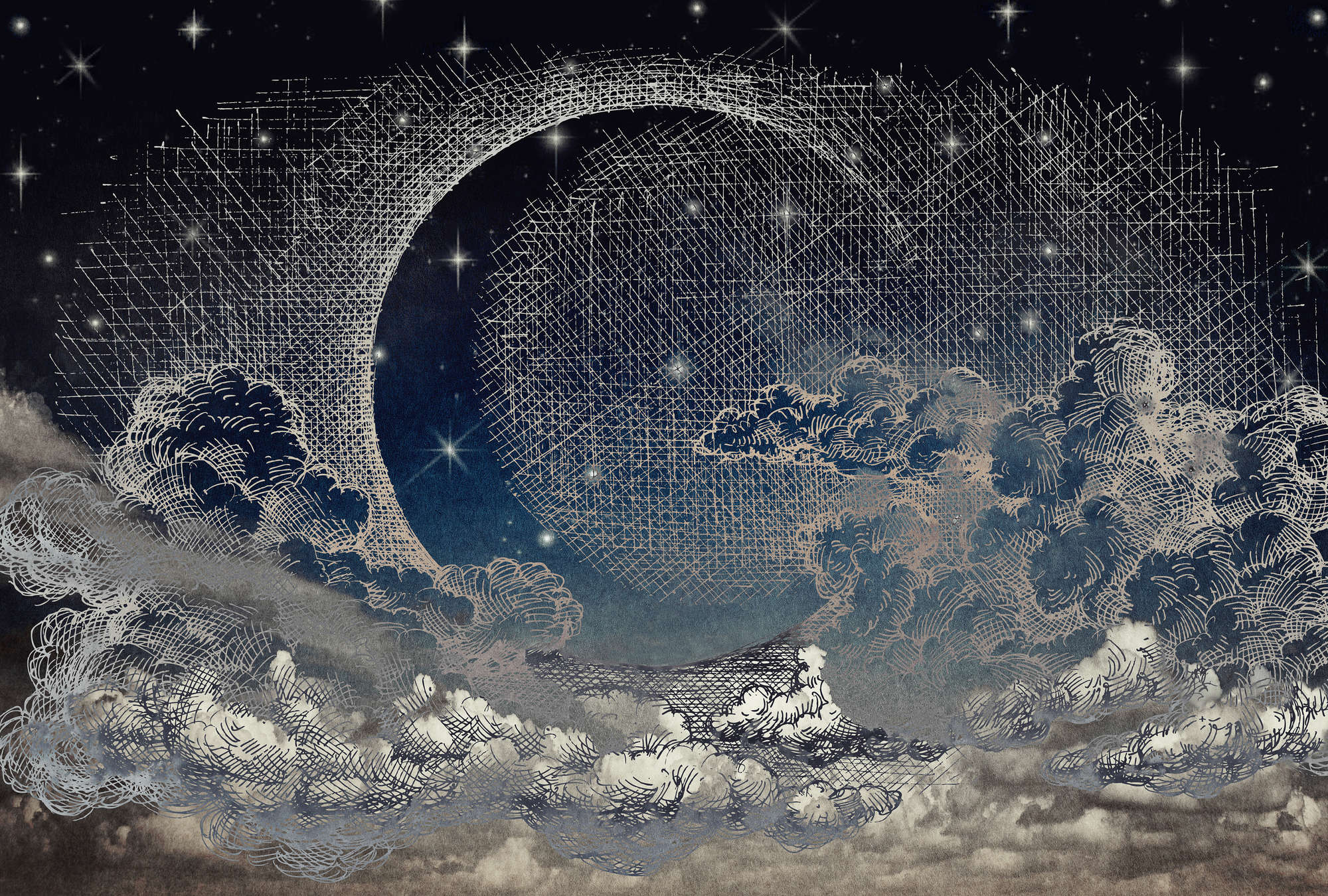             Papel Pintado Noche de Cómic, Luna Creciente y Nubes - Beige, Blanco, Azul
        