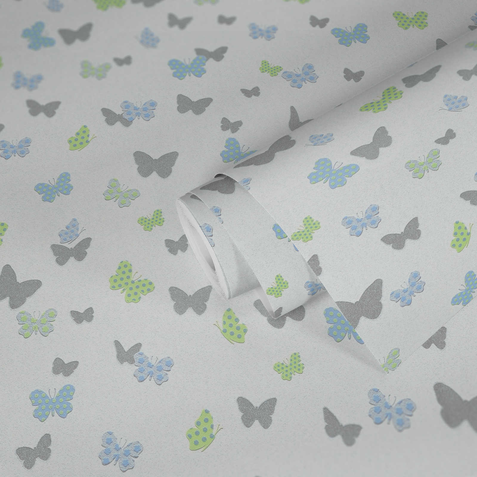             Carta da parati a farfalla per camerette per ragazzi - bianco, blu, grigio
        