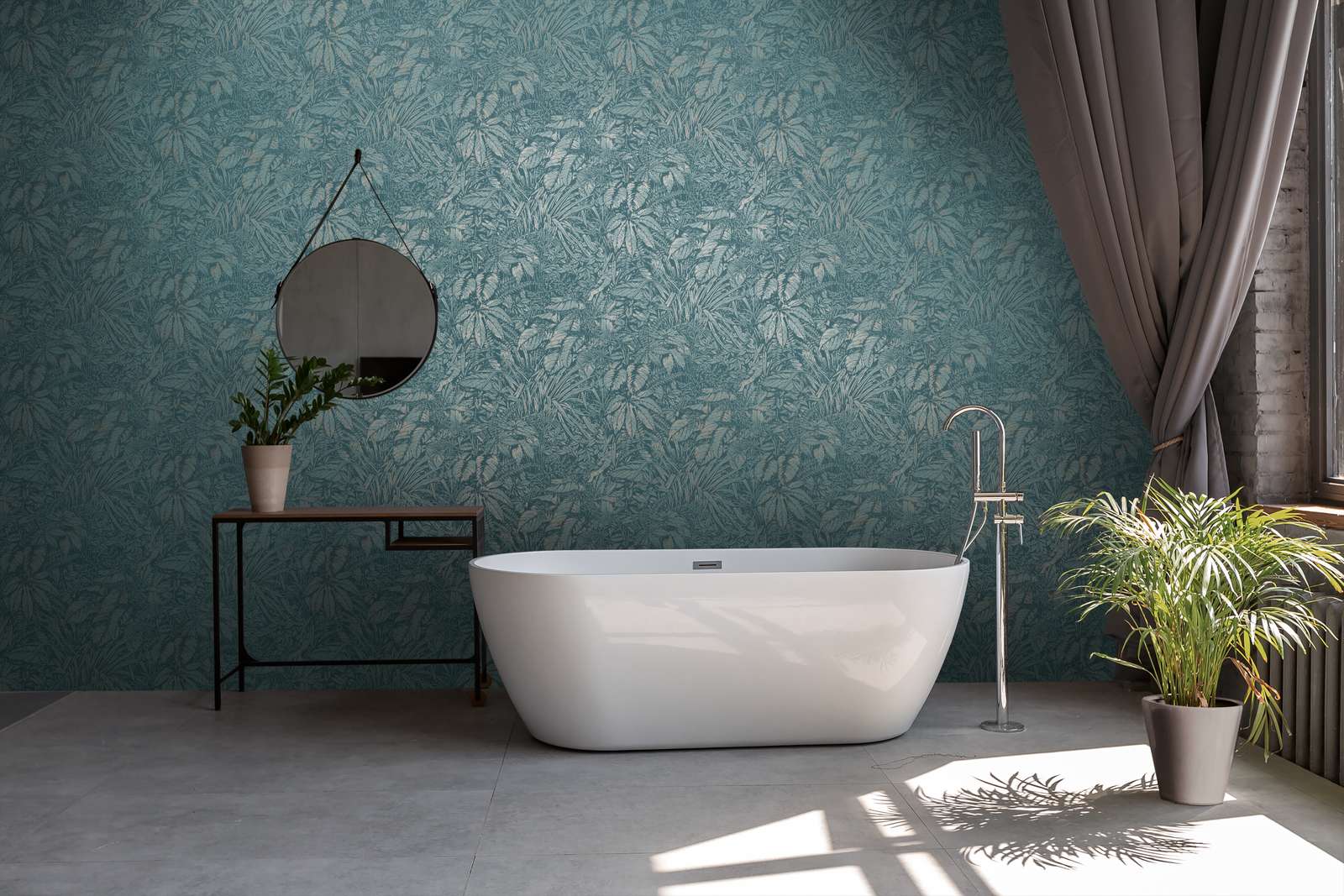             Floral non-woven wallpaper with palm leaf pattern - blue, petrol, silver
        