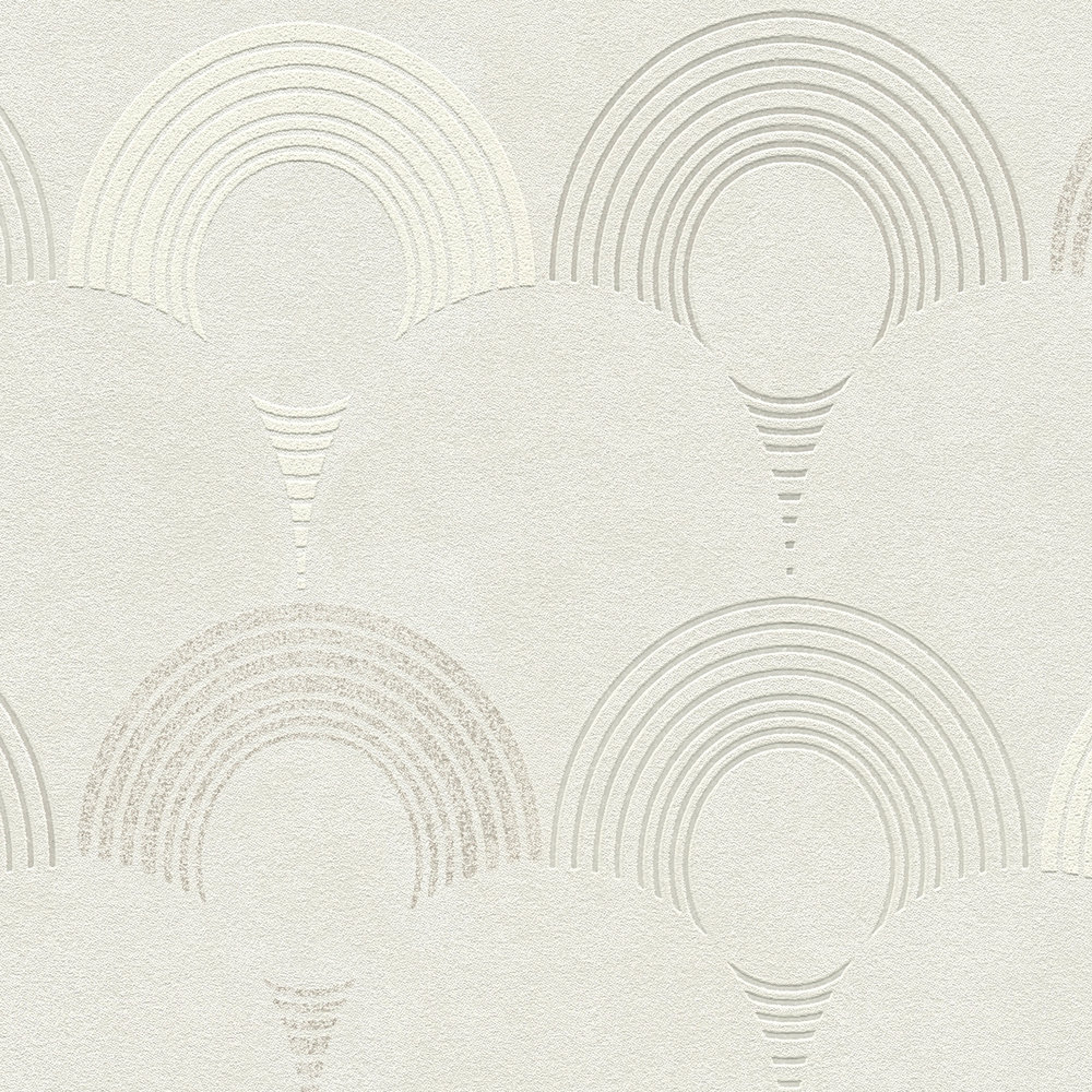             Carta da parati in tessuto non tessuto in stile retrò, motivo geometrico a cerchi - grigio, argento, bianco
        