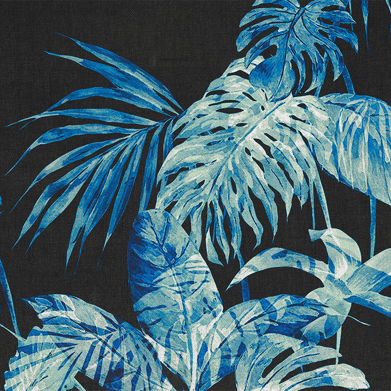 Papier peint feuilles style aquarelle & fond noir - bleu, noir, blanc
