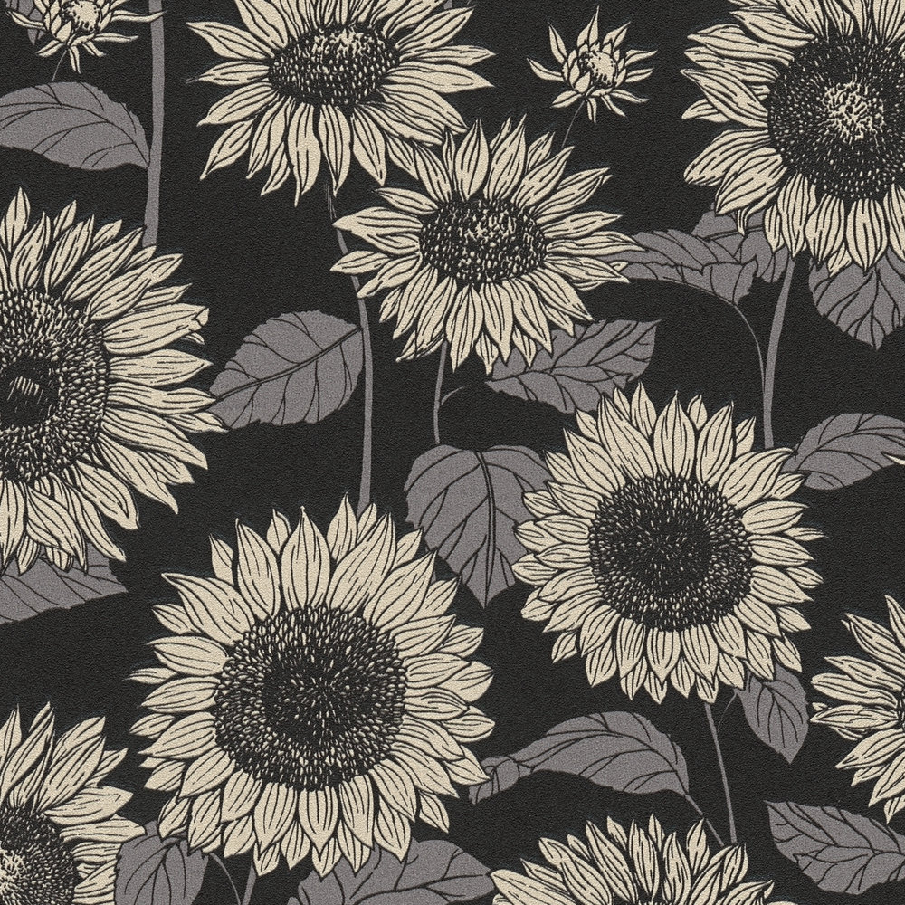             Papel pintado Girasol con flores de efecto metálico - negro, antracita, gris
        