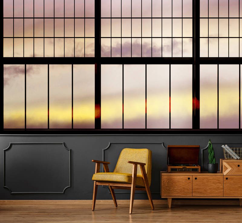             Sky 2 - Photo wallpaper Window View Sunrise - Yellow, Black | Pearl smooth fleece
        