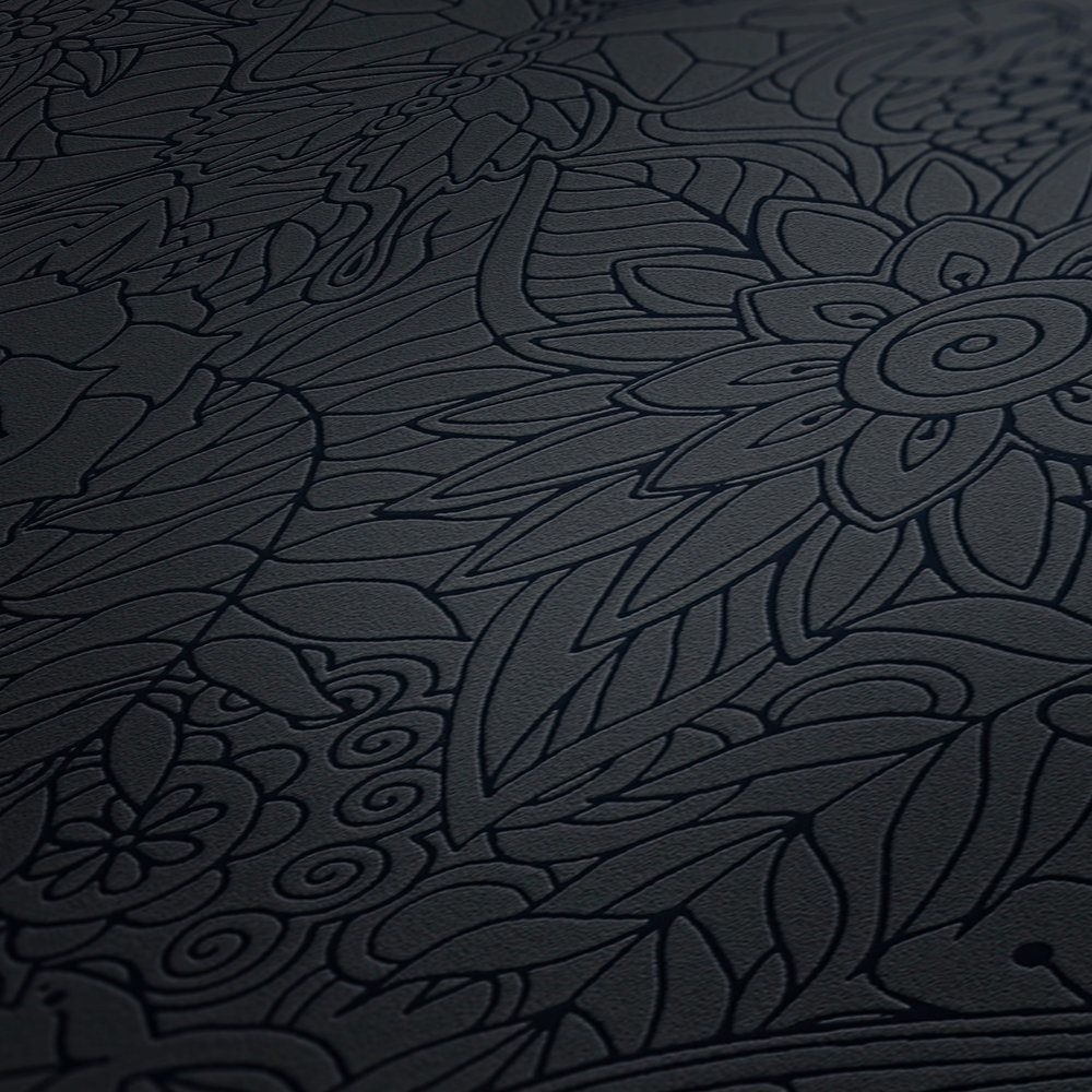             Carta da parati nera in tessuto non tessuto con motivi floreali, opaca e lucida - Nero, metallizzato
        