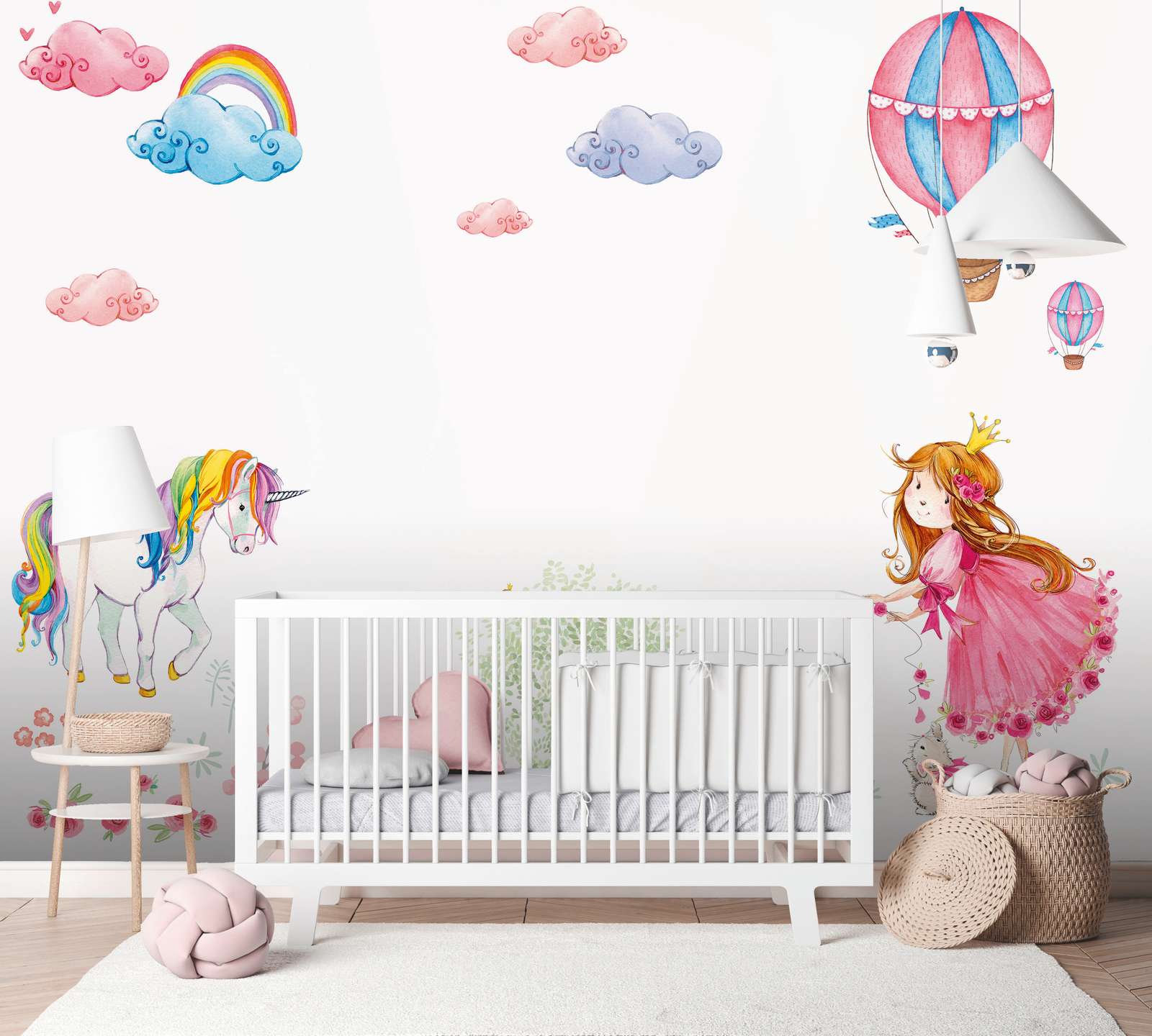             Kinderkamer muurschildering met prinses en eenhoorn - Roze, Bont, Wit
        