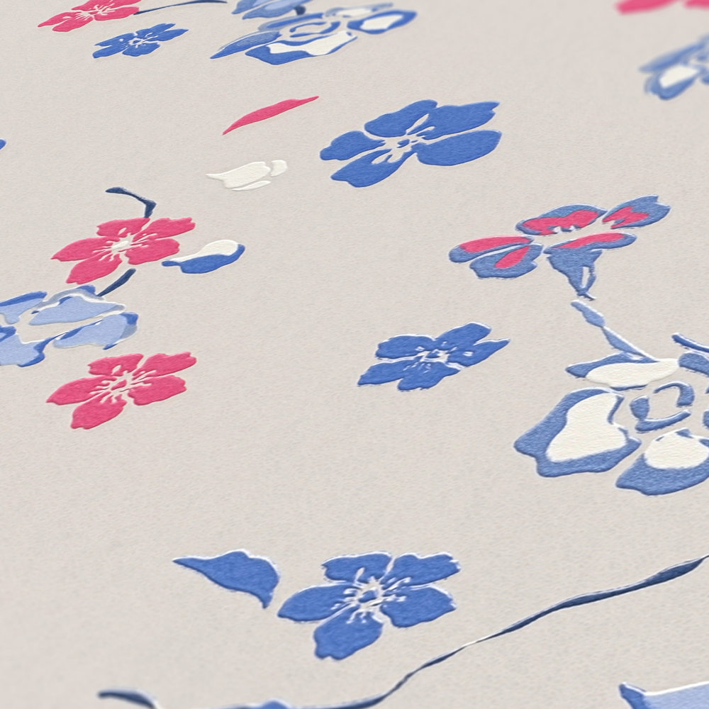             Papier peint intissé avec motif floral fantaisie - gris clair, bleu, rose
        