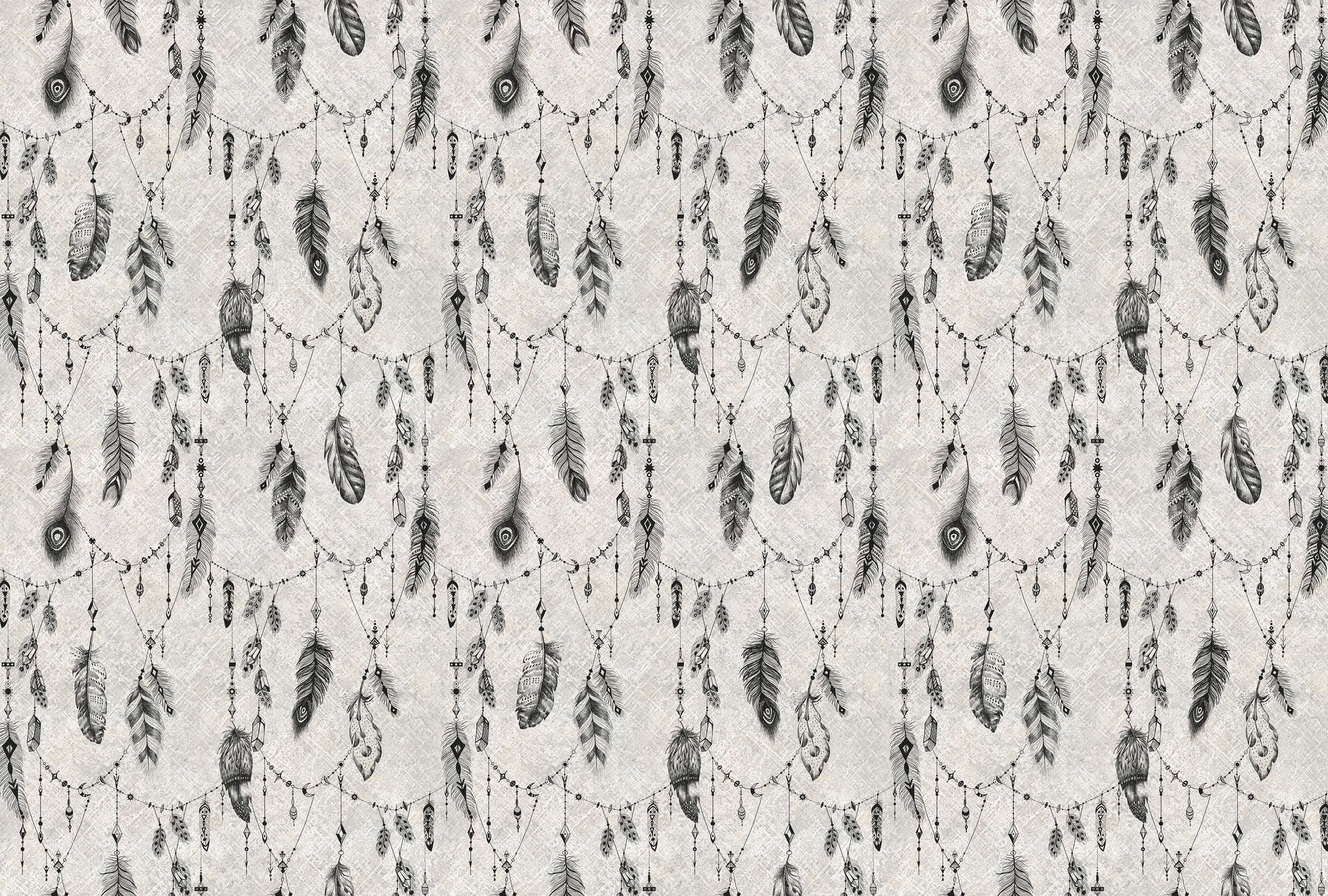             Boho photo wallpaper with feathers & linen look - black, grey
        