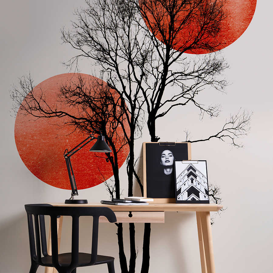 Papier peint arbre avec des accents de couleur dans un style minimaliste
