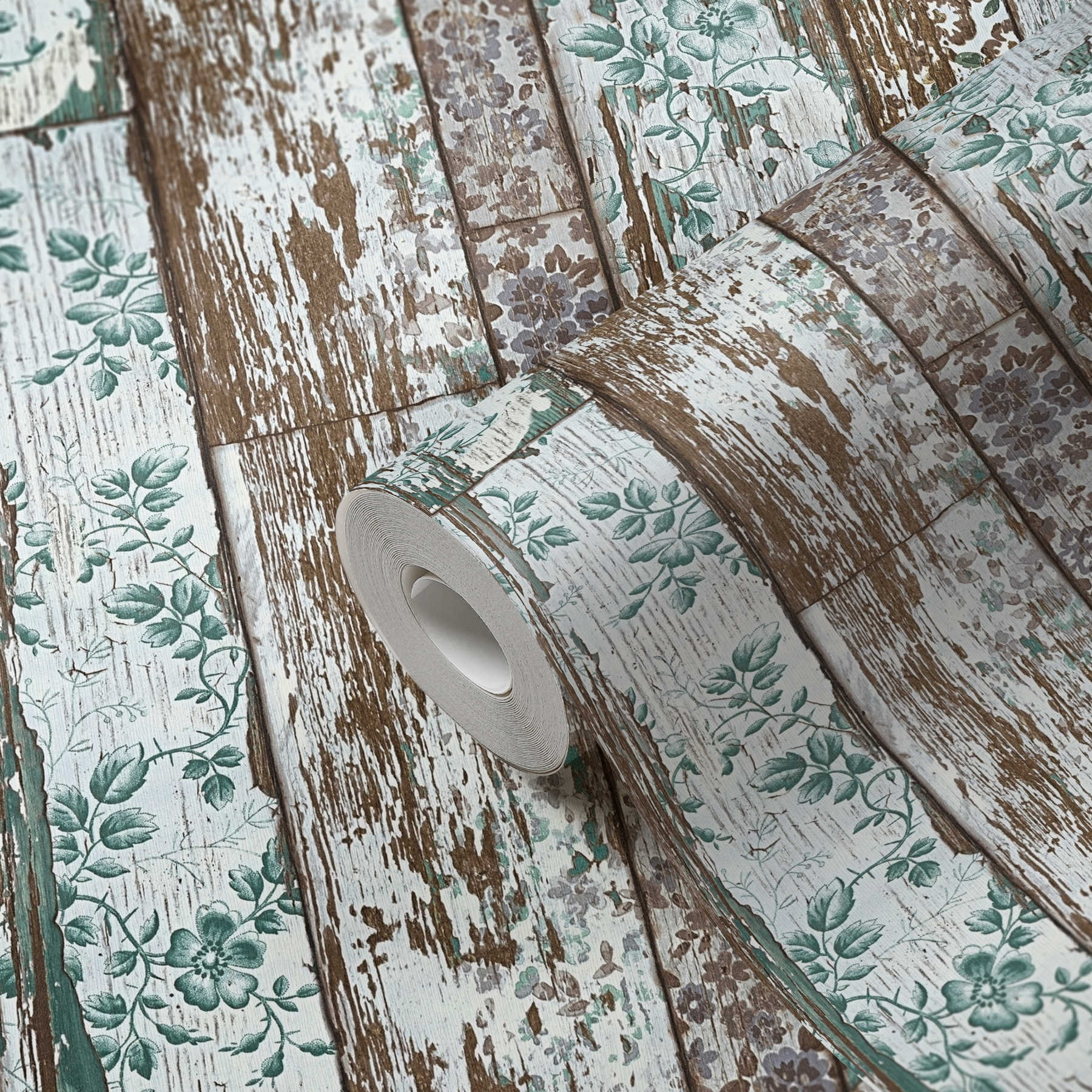             Papel pintado de casa de campo con aspecto de tablón y estampado floral vintage - verde, marrón, gris
        