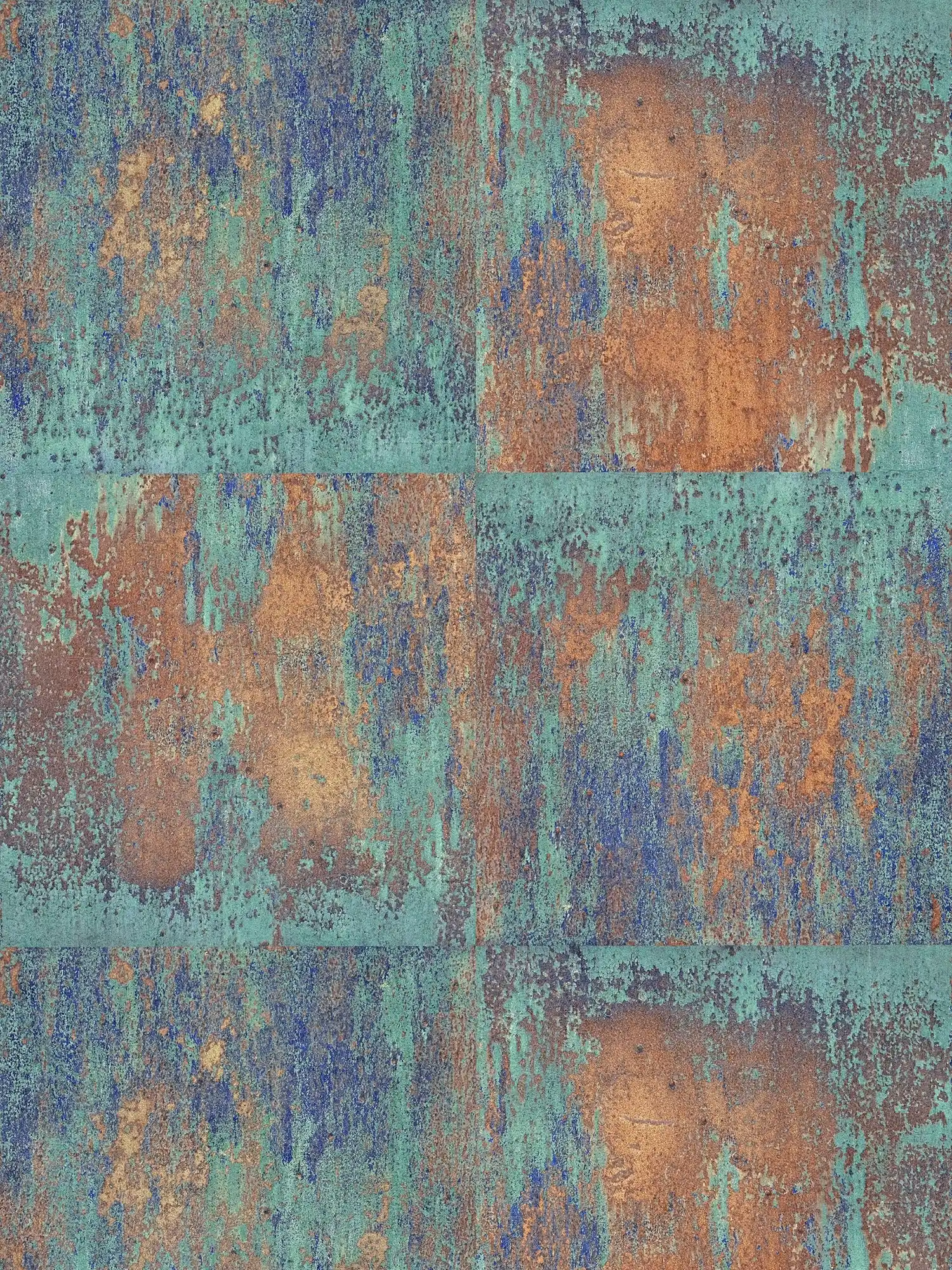Patinagedessin van vliesbehang met roest- en kopereffecten - blauw, bruin, koper
