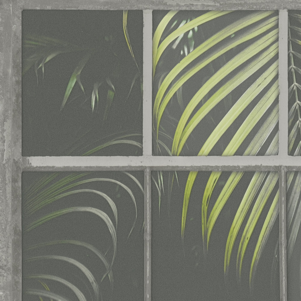             Papel pintado motivo de ventana, aspecto industrial y helechos - gris, verde, negro
        