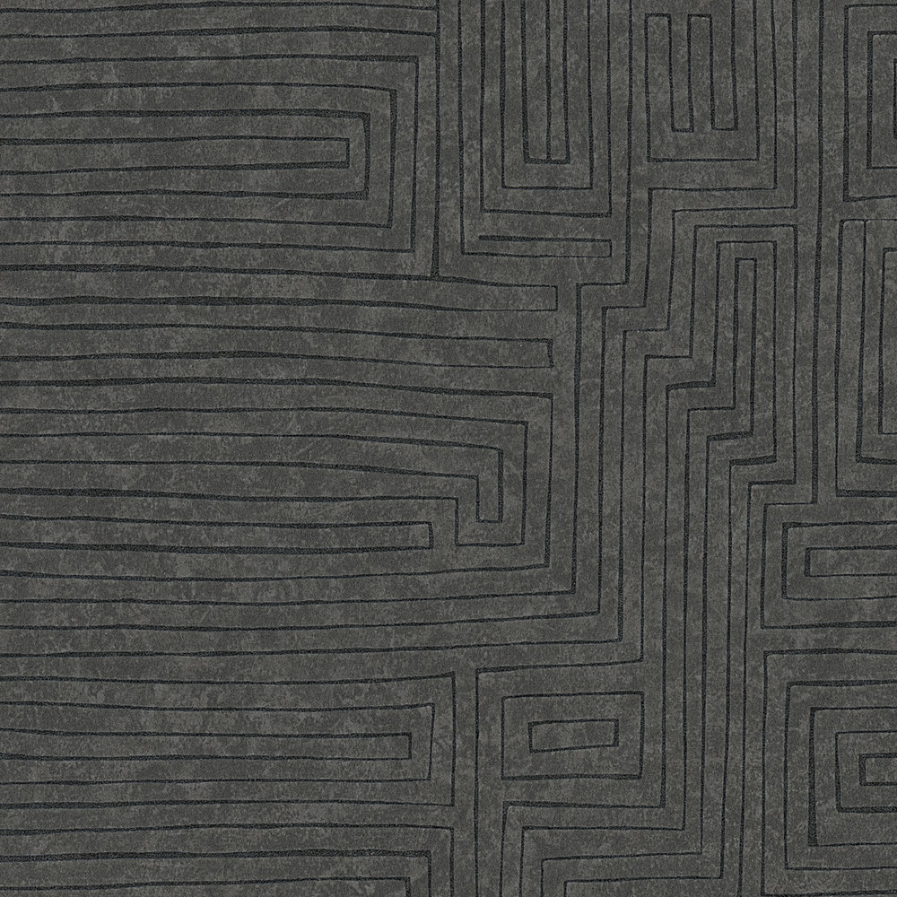             Papel pintado Ethno liso con diseño de líneas y efecto de estructura - marrón, negro
        