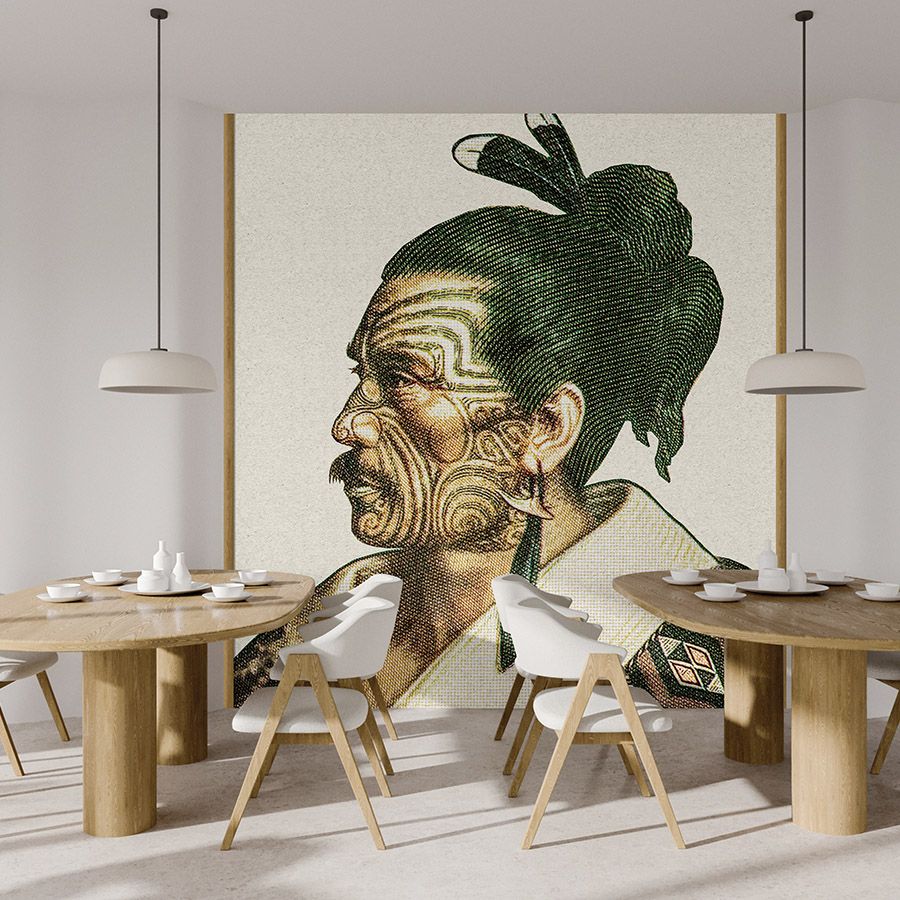 Photo wallpaper »horishi« - African portrait in pixel style with kraft paper texture - Lightly textured non-woven fabric
