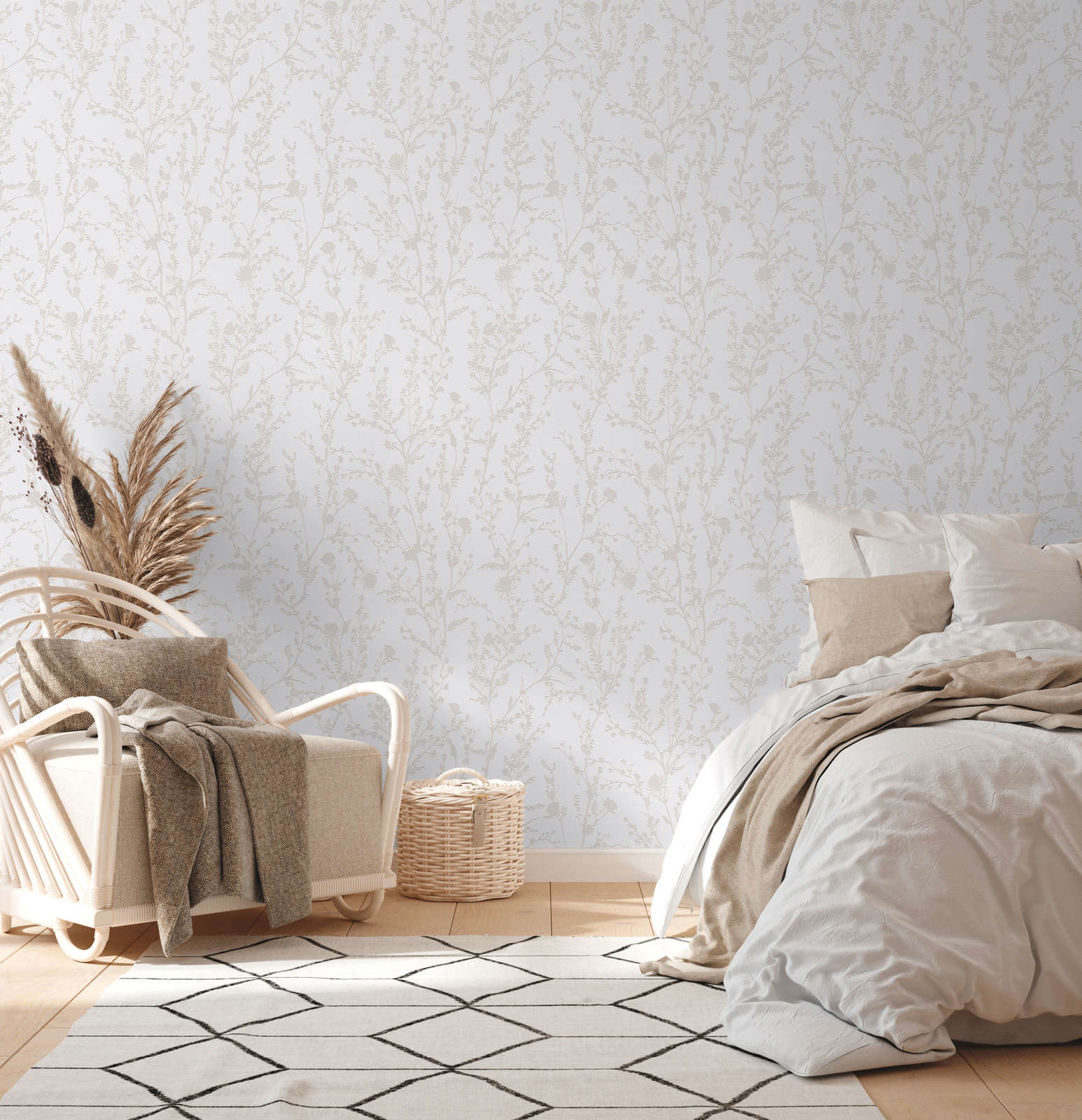             Non-woven wallpaper with floral pattern - light grey, white
        