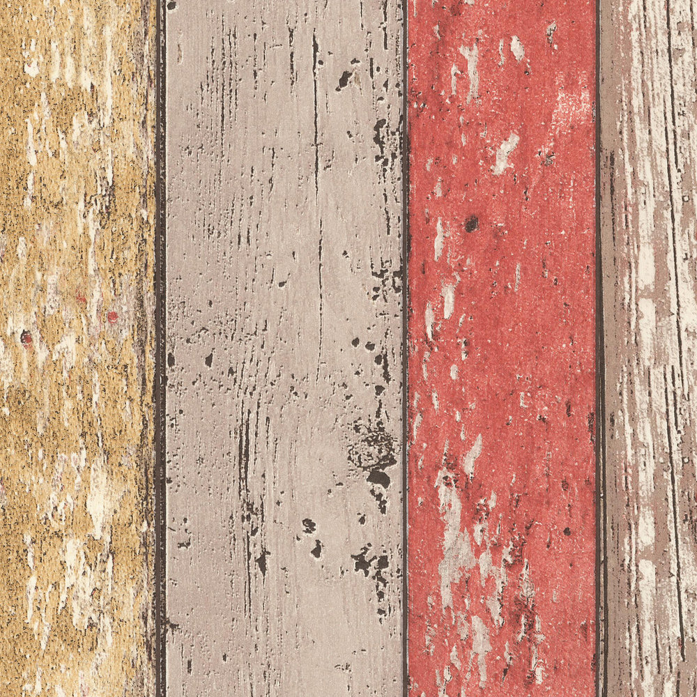             Papier peint bois avec aspect usé pour style vintage & maison de campagne - marron, rouge, beige
        
