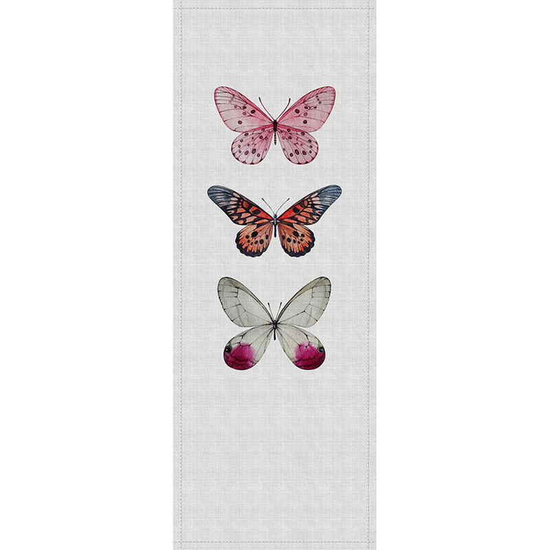 Buzz panels 1 - photo wallpaper panel with colourful butterflies in natural linen structure - Grey, Pink | Matt smooth fleece
