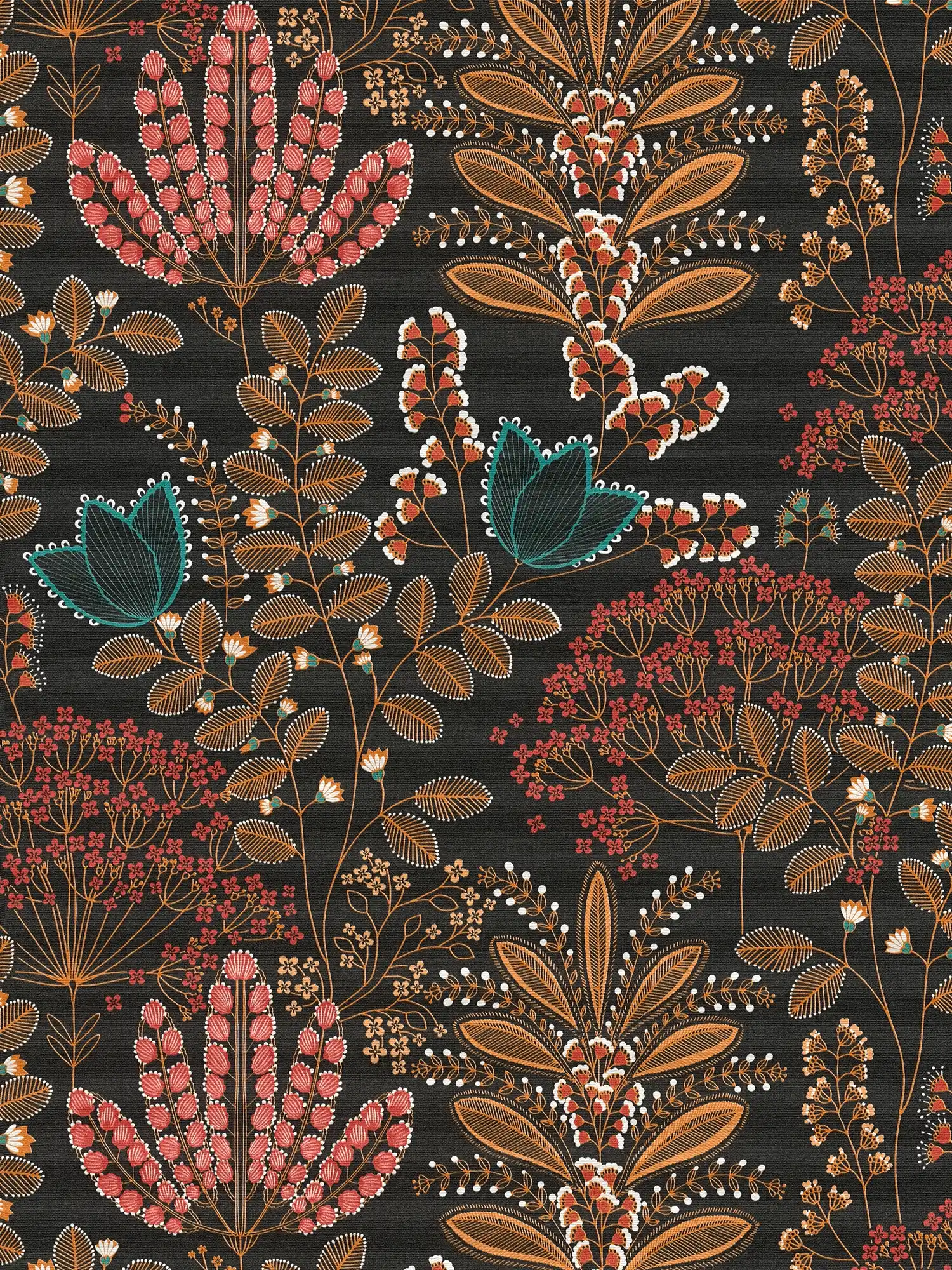 Papel pintado tejido-no tejido floral con hojas en estilo retro ligeramente texturado, mate - negro, multicolor, petróleo
