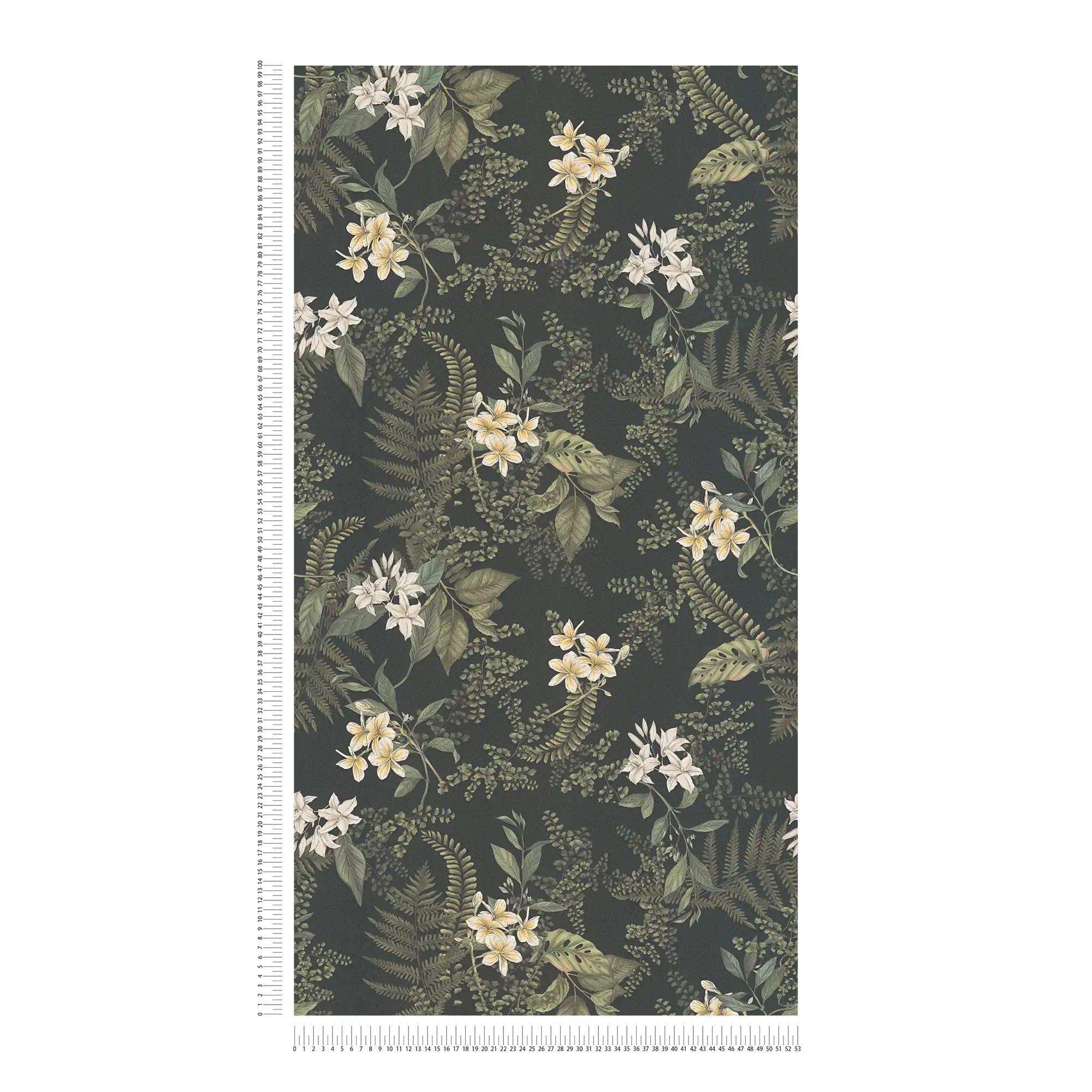             Carta da parati moderna floreale con fiori ed erbe, opaca e testurizzata - nero, verde scuro, bianco
        
