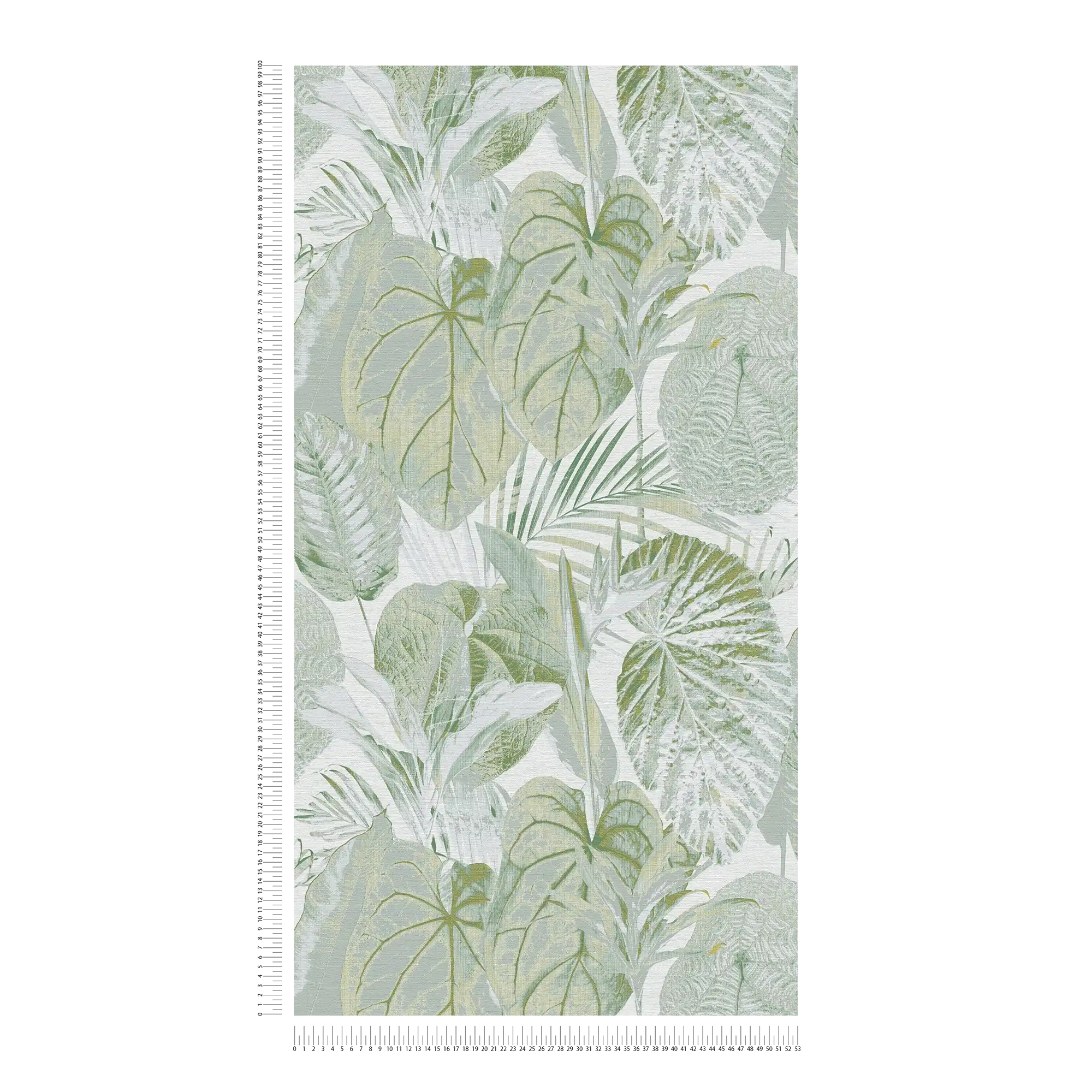             Papel pintado con motivos de hojas y selva brillo claro - verde, blanco, gris
        