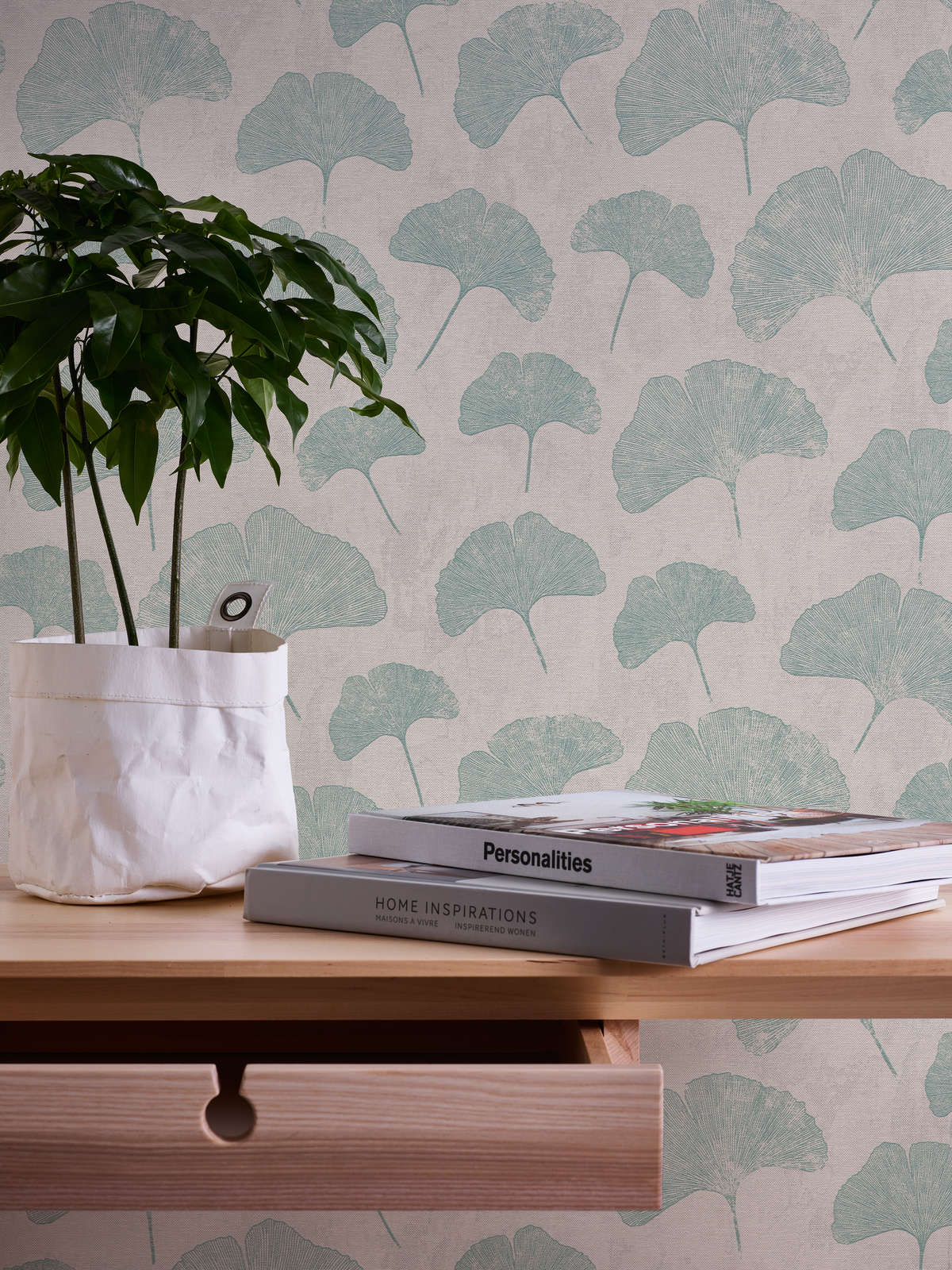             papier peint en papier feuilles floral mat structuré - gris, blanc, menthe
        