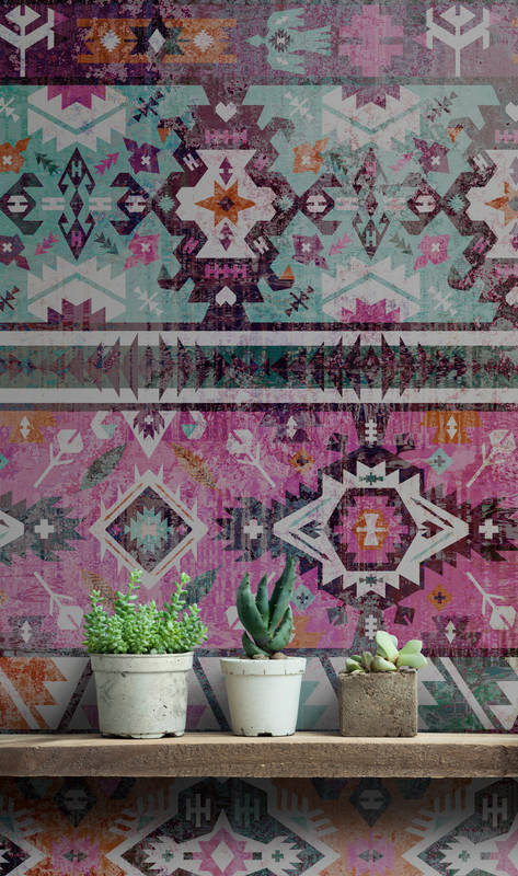             Photo wallpaper ethnic textile pattern, geometric - pink, blue
        