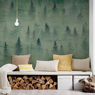 Sitting area with photo wallpaper in watercolour style, fir forest in mist DD117980