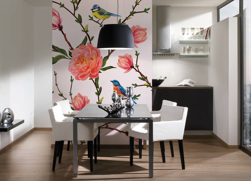             Digital behang Vogels & Bloemrijk minimalistisch - Grijs, Roze, Groen
        