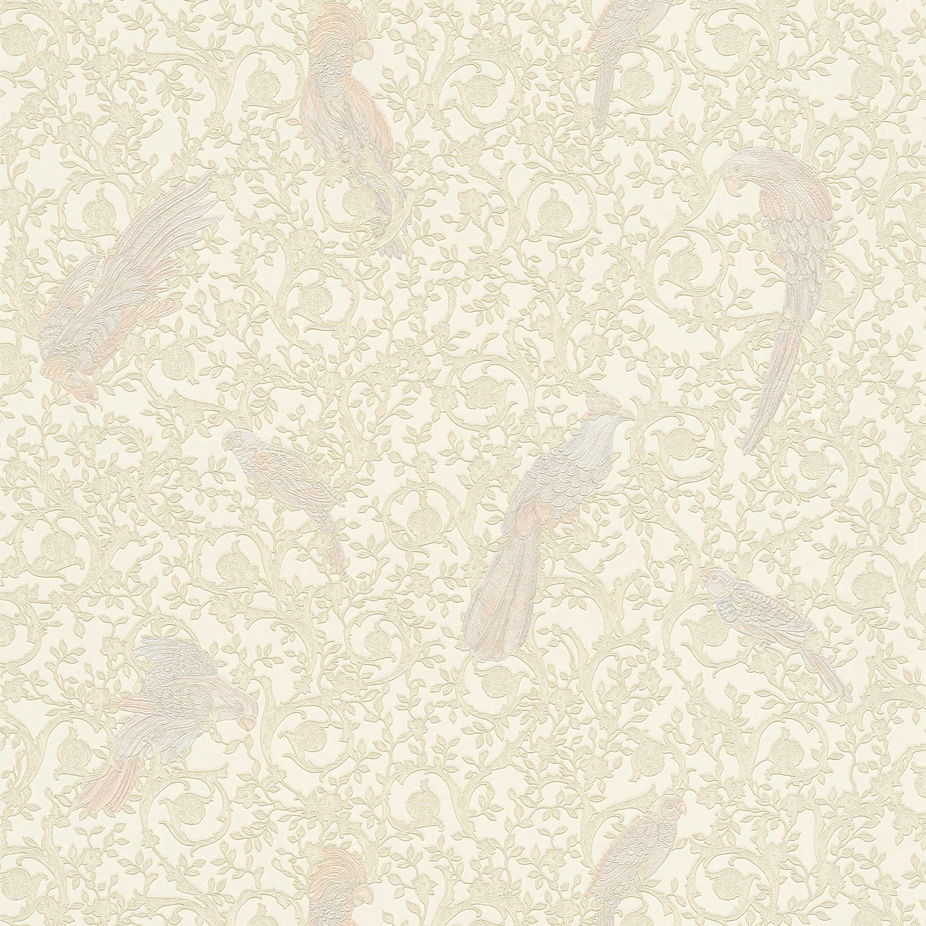 Papel pintado VERSACE Home pájaros del paraíso y acentos plateados - plata, beige, crema
