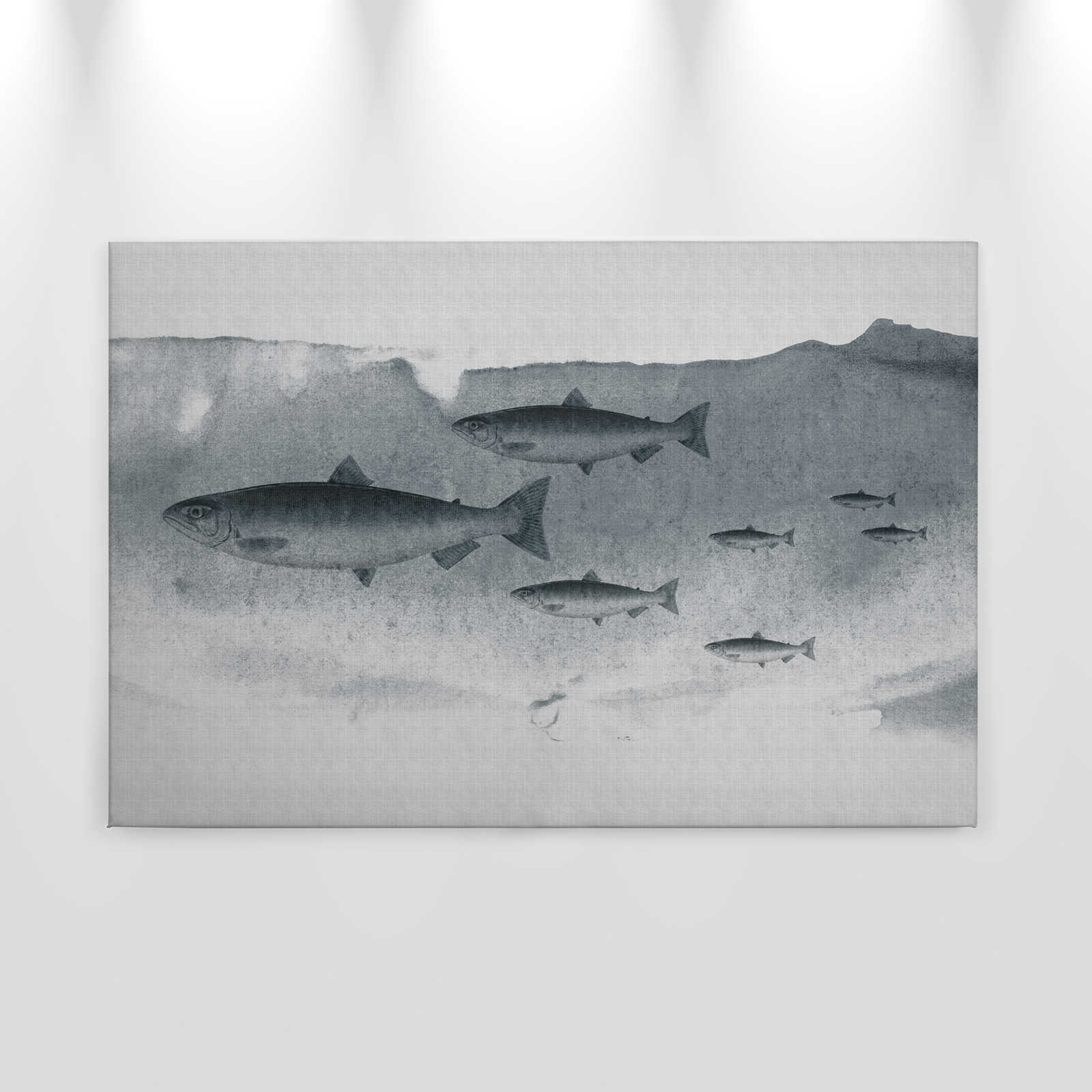             Into the blue 3 - Acuarela de peces en gris como cuadro en lienzo con estructura de lino natural - 0,90 m x 0,60 m
        
