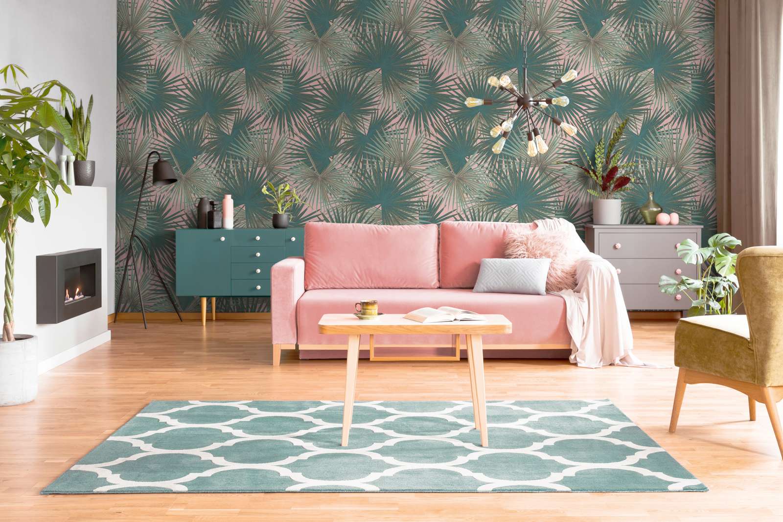             Leaf wallpaper with tropical plants - green, petrol, pink
        