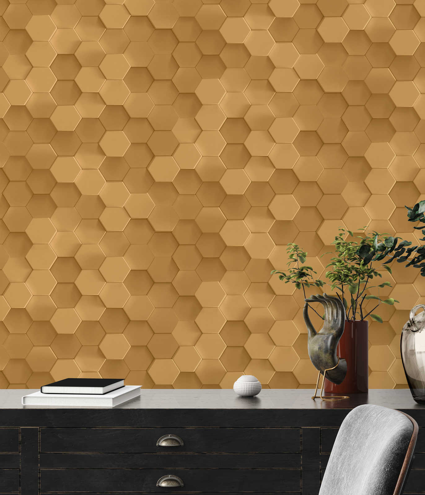             Papier peint Hexagon 3D motif graphique nid d'abeille - beige
        
