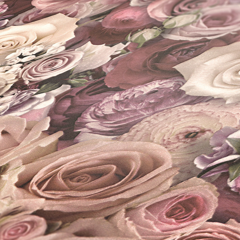             Papier peint Roses en rose pâle Mer de fleurs - Crème
        