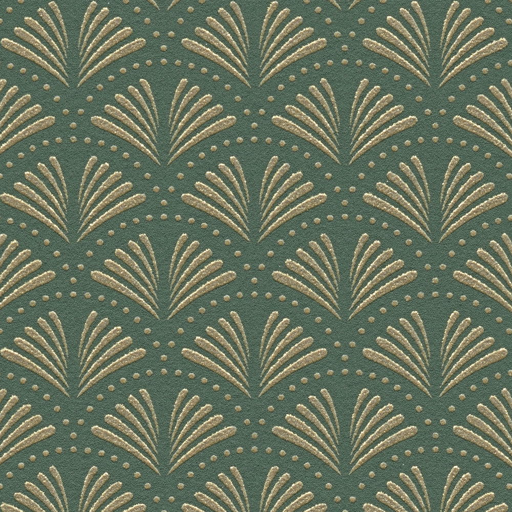             Wallpaper green & gold with Art Deco pattern and metallic effect
        