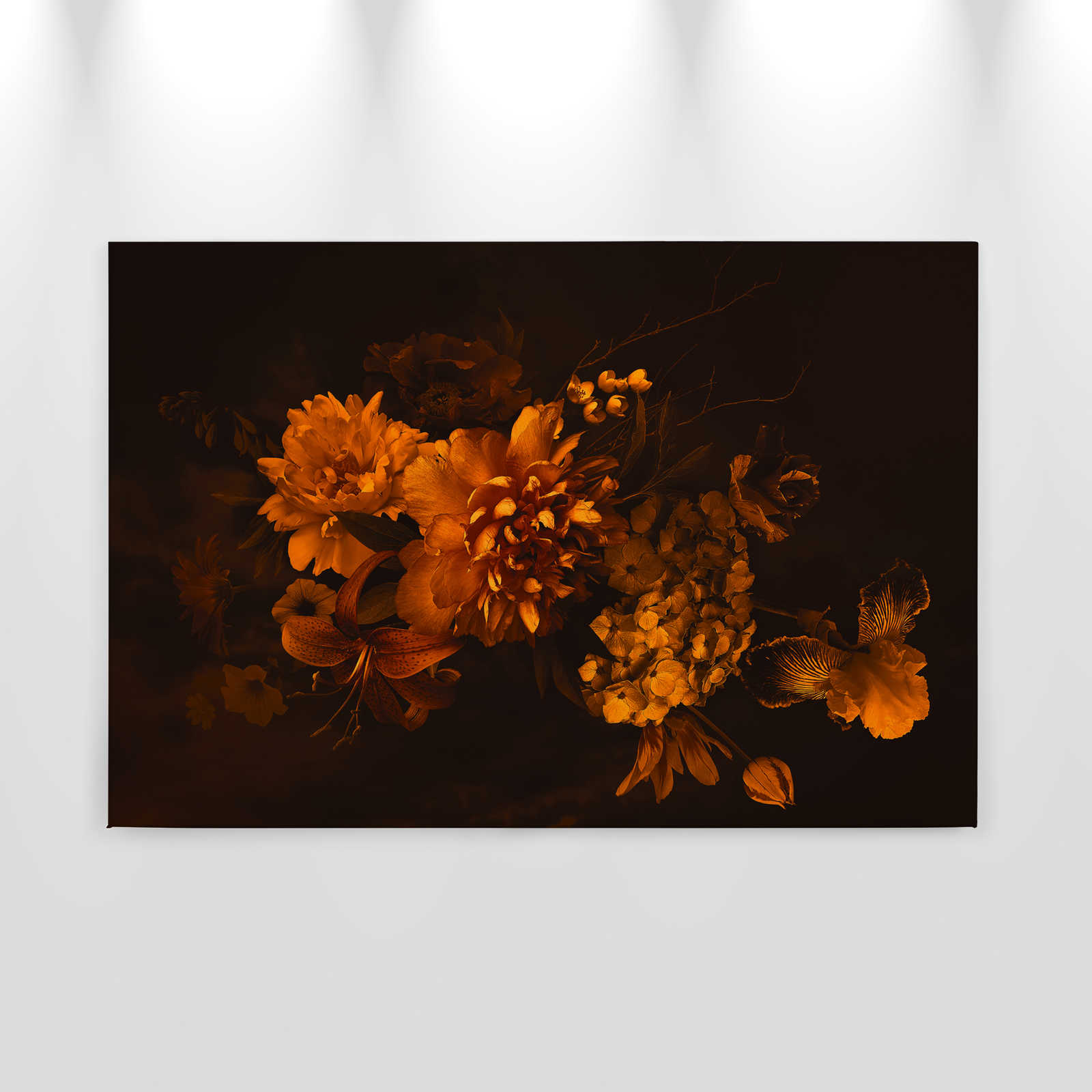             Toile avec bouquet de fleurs style botanique | orange noir - 0,90 m x 0,60 m
        