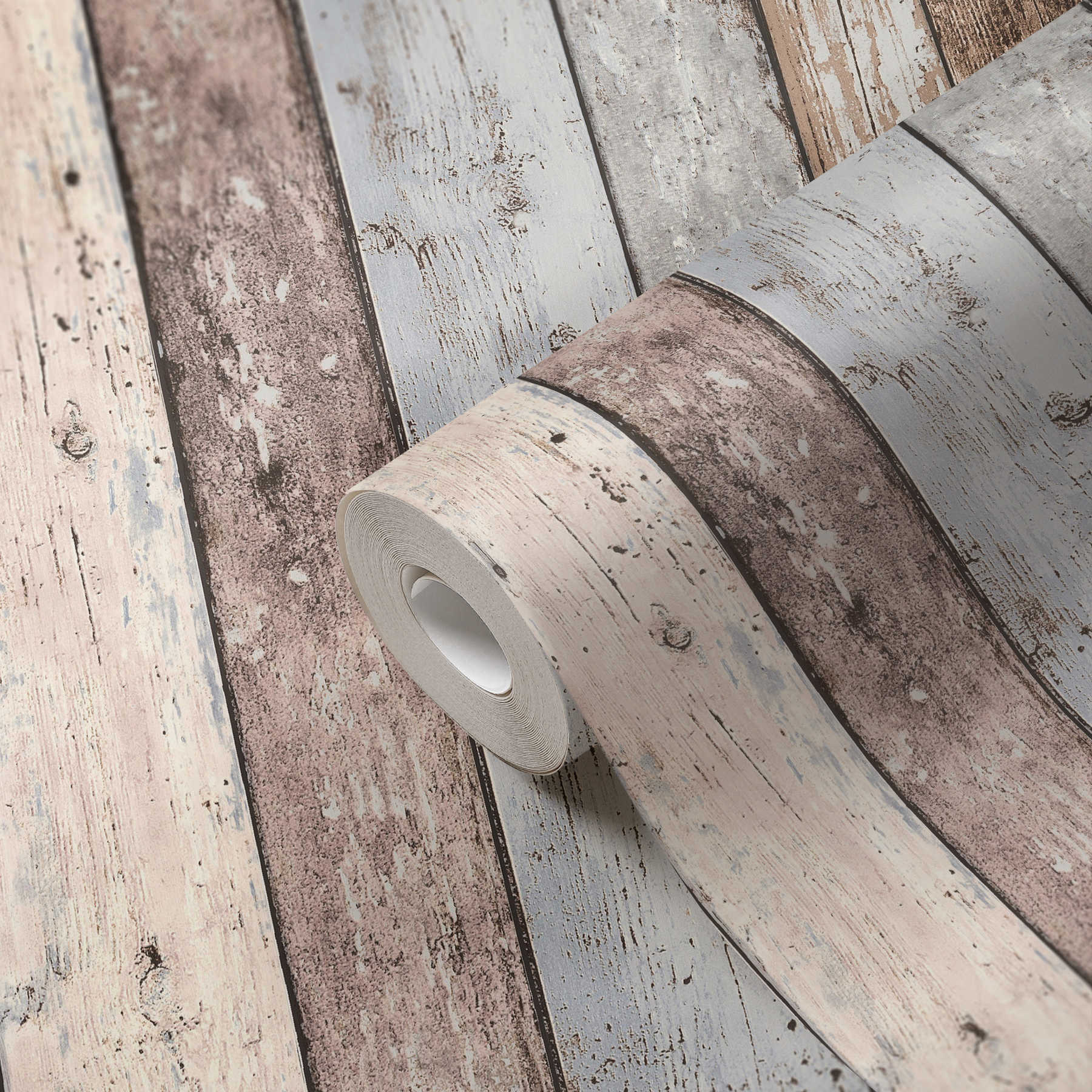             Papier peint Planches rustiques aspect bois vintage - marron, bleu, beige
        