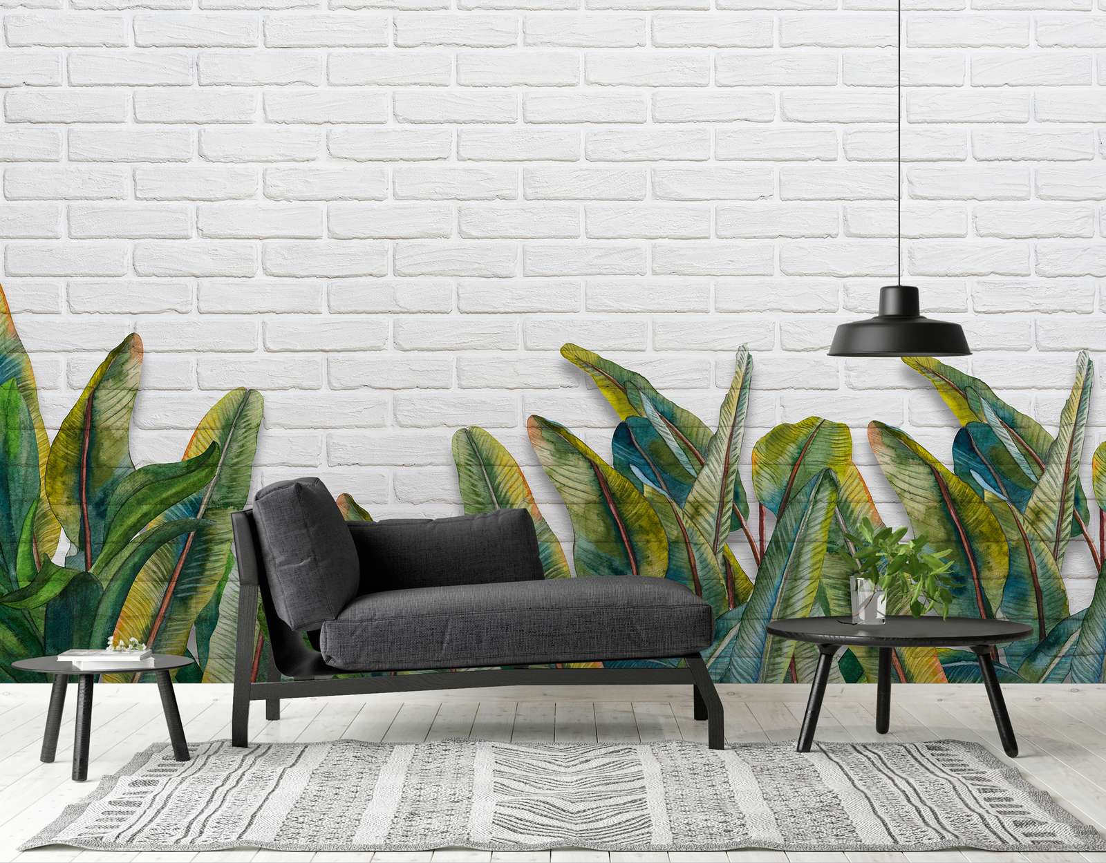             Digital behang met bladeren voor een witte bakstenen muur - Groen, Wit
        
