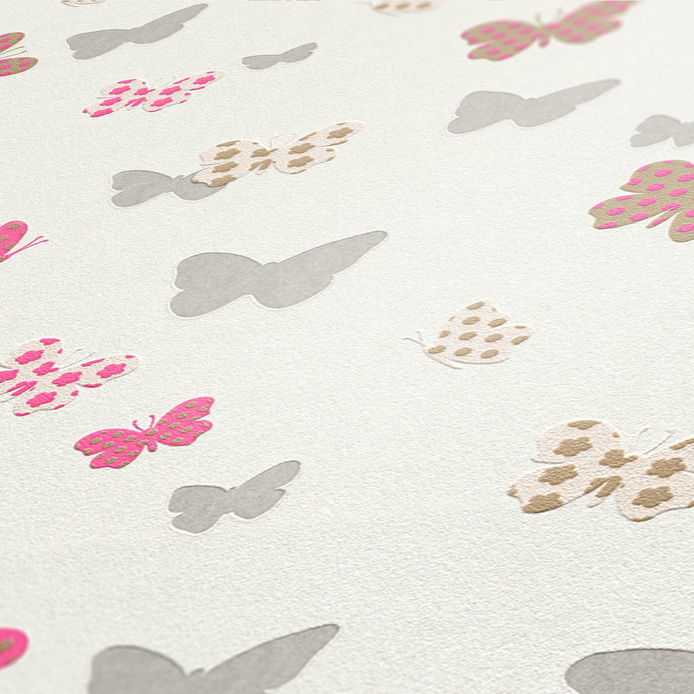             Wallpaper butterfly & metallic colours for girls - white, pink
        