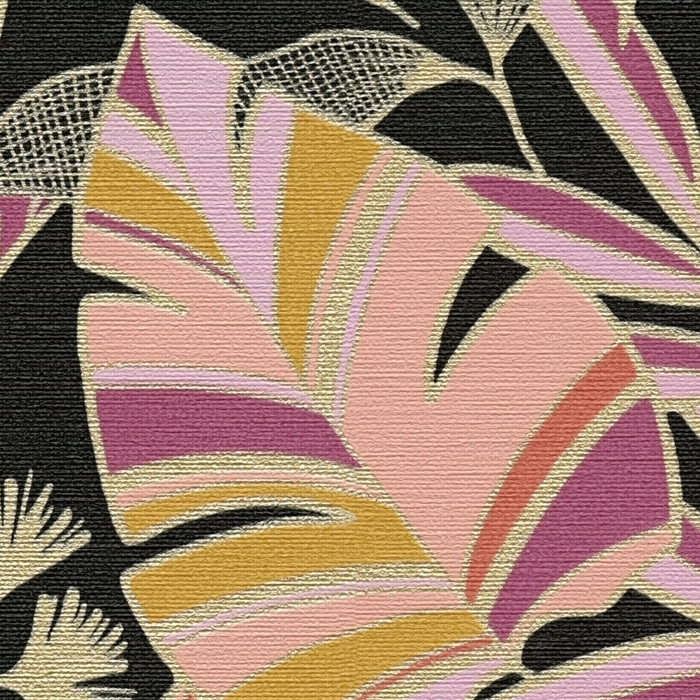             Non-woven wallpaper in eye-catching style with large leaves - black, pink, orange
        
