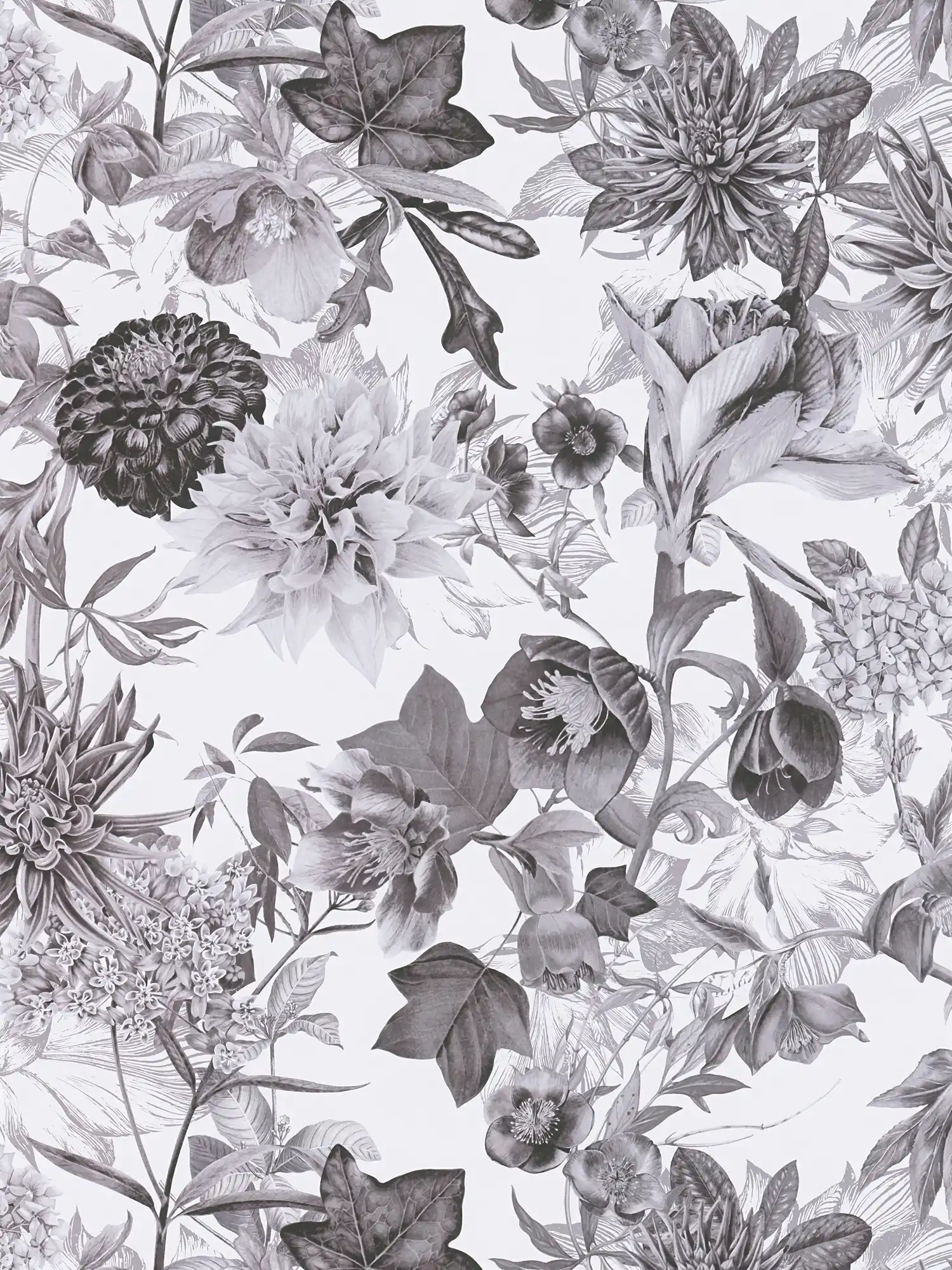         Papel pintado floral en blanco y negro con motivos florales
    